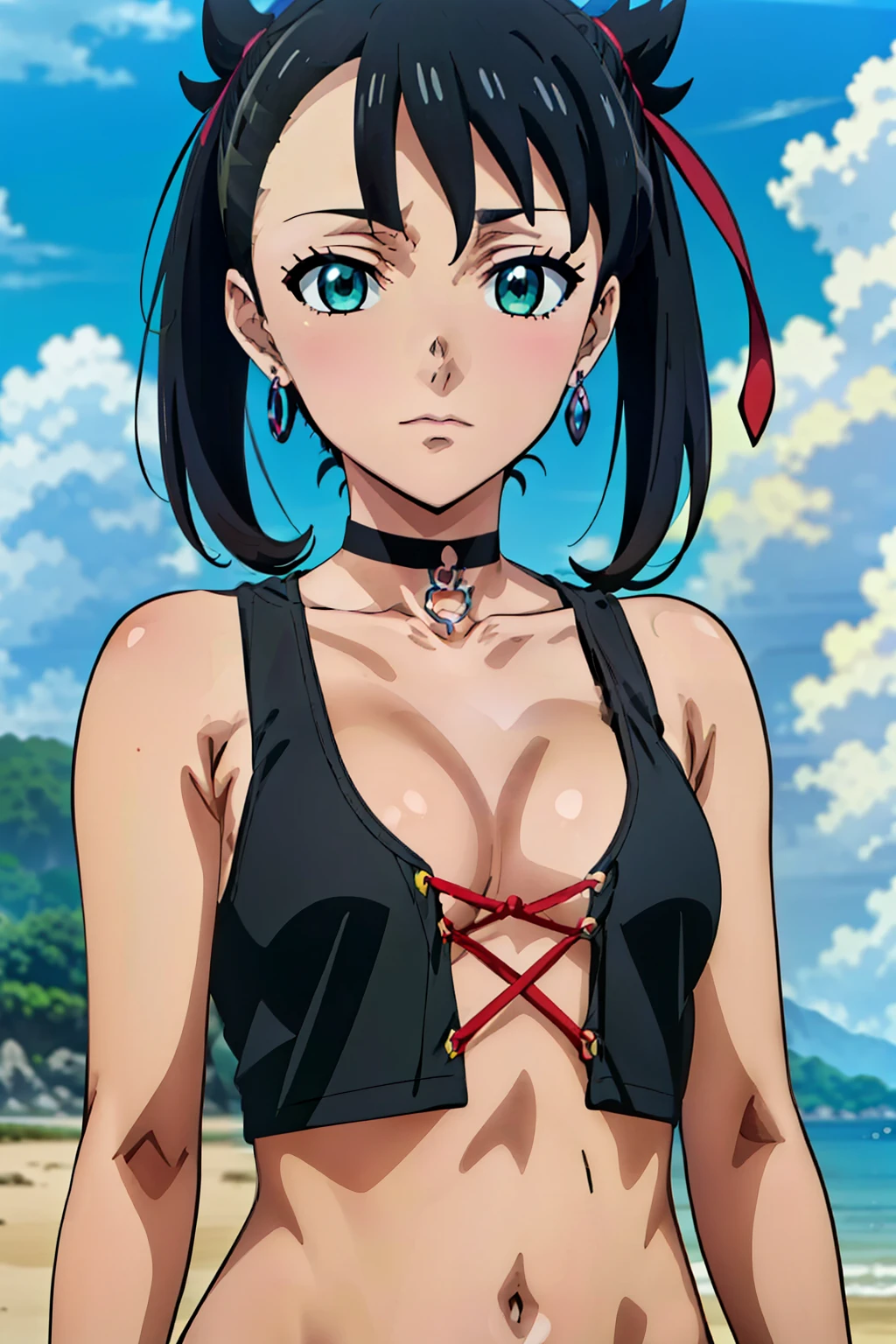 Marnie Pokemon, Marnie \(Pokemon\), blue-green eyes, green eyes, black hair, medium hair, asymmetrical bangs, black choker, red hair ribbon, earrings, black nail polish, (small breasted), (masterpiece, highest quality, highly detailed, 8k:1.2), (anime coloring, official art:1.3), Perfect eyes, detailed eyes,
anime style, anime girl, style, digital anime art, anime style, official artwork, visual novel CG, beautiful anime girl, anime style 4K, nffsw, (embarrassed expression), ((tank top), lace-up, collarbone, ( opening:1.5)), (outdoors, beach, day, blue sky, cloud), (upper body), dutch angle, looking at viewer,