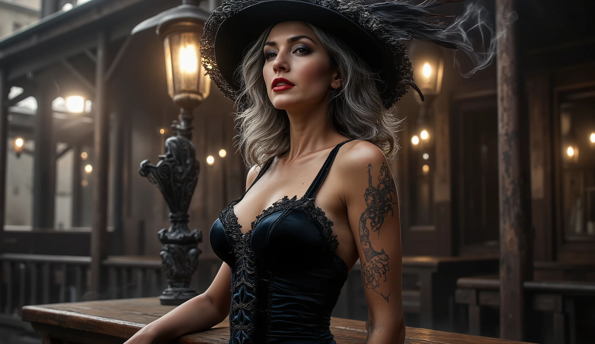 A realistic portrait of Eleonor Grant, a powerful and sensual woman in her early fifties, inside a dimly lit Western saloon. She wears a dark velvet dress with a fitted corset that enhances her figure, the fabric shimmering slightly under the oil lamp light. Her makeup is bold and dramatic: heavy eyeliner, smoky eyeshadow, and deep red lipstick that glows against her pale skin. Her beauty is mature yet magnetic, exuding dangerous allure. Dark hair with silver strands falls in soft waves under a feathered black hat. A lit cigarette rests between her elegant fingers, smoke curling around her face as she stares with a piercing, commanding gaze. The atmosphere is smoky, cinematic, and tense — a blend of power, mystery, and forbidden desire.