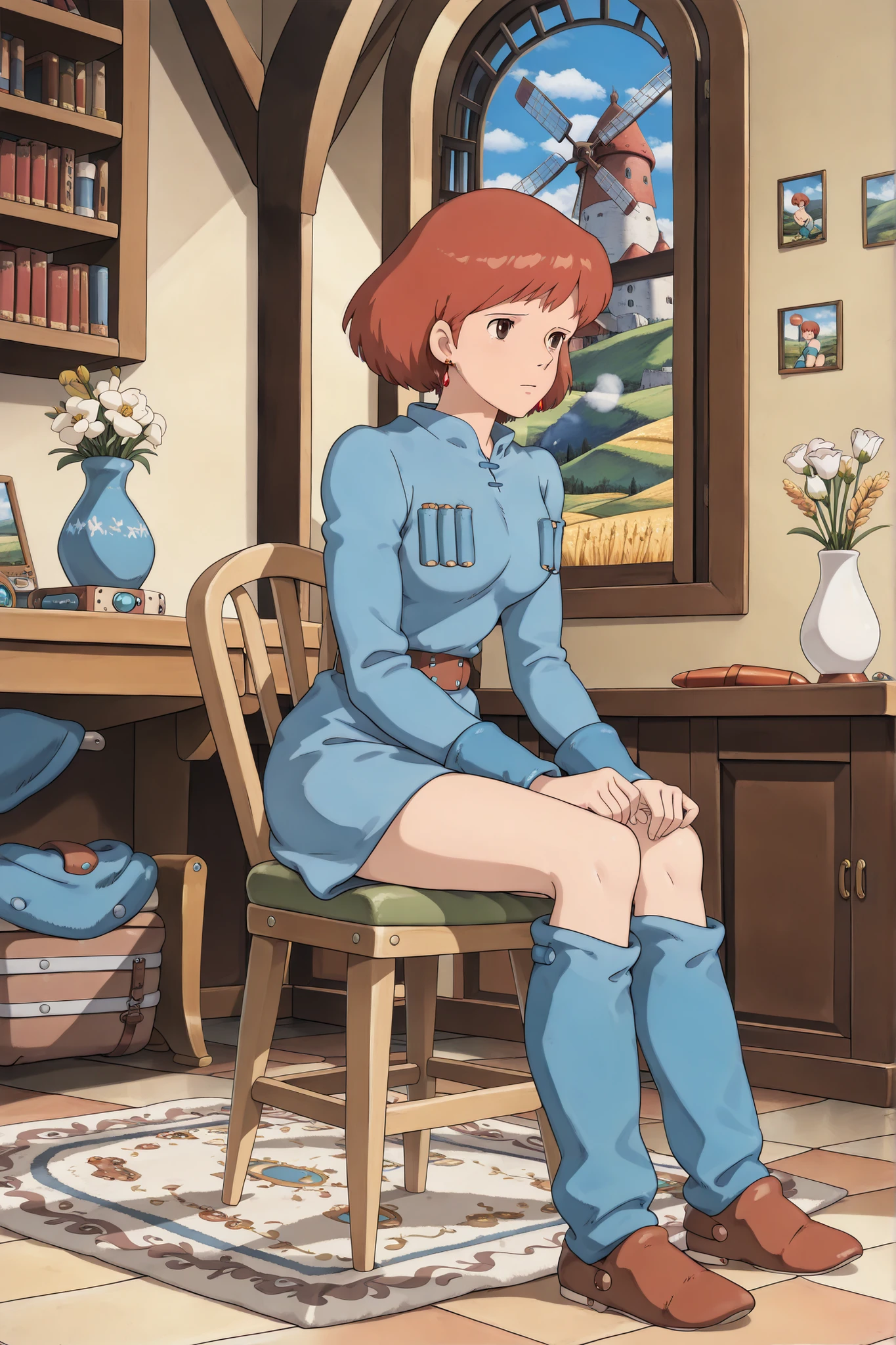 Nausicaa,1girl,brown hair,medium hair,brown eyes, breasts,, (Masterpiece, top quality, 8k, High quality anime, detailed and accurate anime poster, Studio Ghibli style, High sense Art ), adorable face, very kind face, Sit in a chair near window in her private room, desk, bookshelf, flower in a vase, large bay window, Exotic atmosphere, relax pose, Quilted lap blanket, hot breath close to the face, on rainy day, depressed mood, orange hair, short hair, ((elegant short bob cut)), dark brown eyes, beautiful clear eyes, Red Gemstone Earrings, beautiful breasts, beautiful legs, perfect body balance, perfect beauty, slender body, beautiful eyes, (looking out the window), Valley of the Wind Scenery, Beautiful scenery in the valley, Cturch, windmill, Wheat field, Cobblestone load, winery, Castle terrace, Silk Sheets, ((very cool Nausicaa)), ((Nausicaa is very elegant)), Ivory color tights, blue dress,chest bullet holder,long_sleeves, belt, blue leg warmer, felt shoes, beautiful floor rug,