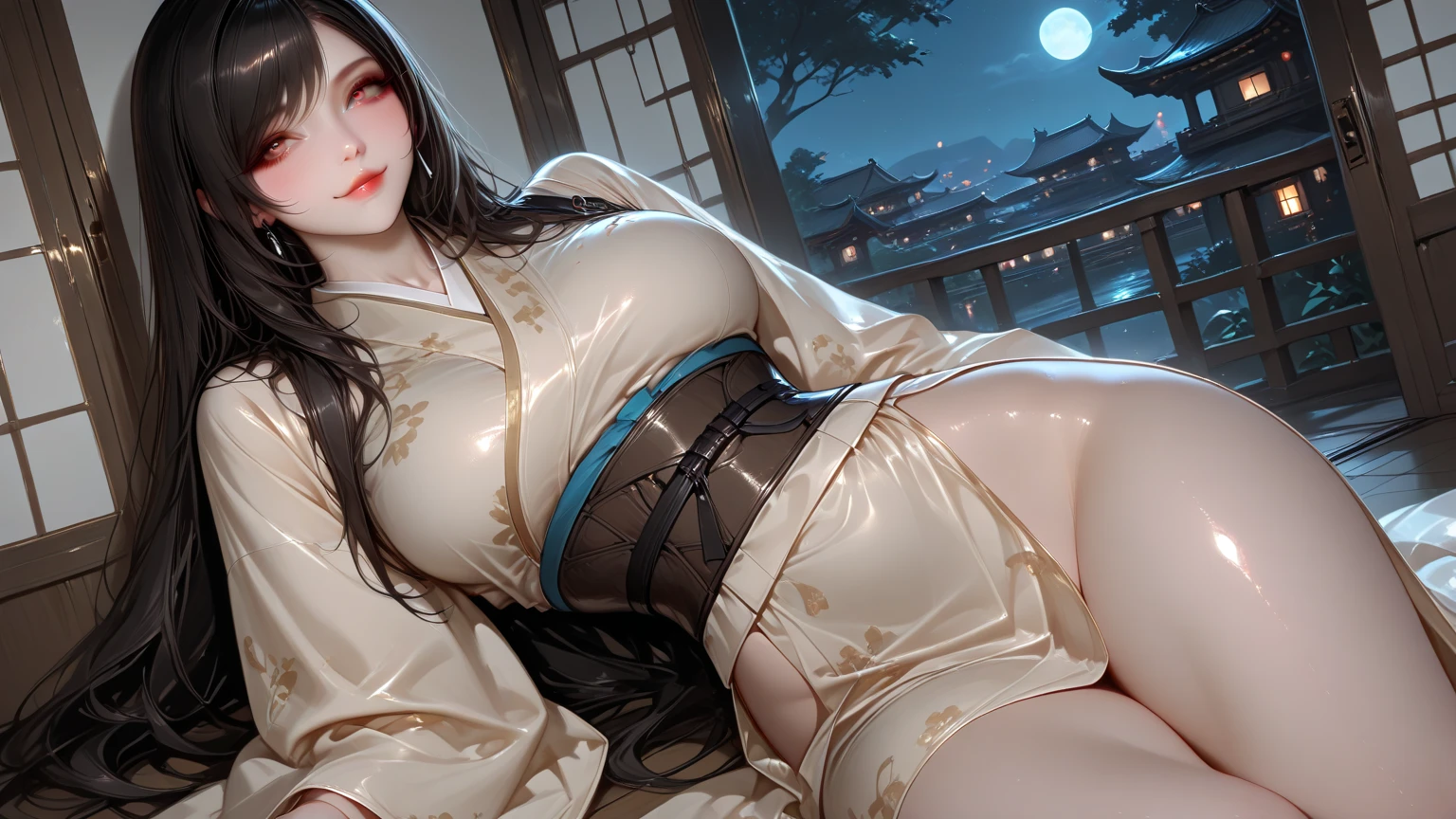 8K、RAW Photos、top-quality、​masterpiece:1.2)、(realisitic、Photorealsitic:1.37)、女の子1人、japanes、25-years old、femele、deep in the night、a room、Night cityscape seen from the window、profetional lighting、(full body Esbian)、perfectbody、Black hair、详细的脸、Detailed lips、detailedeyes、More skin、二重まぶた、(huge-breasted:1.5)、( protrusions)、Public Hair、(toppless)、Sense of transparency、((no-bra))、()、(cammel toe)、(Wet body)、shinny skin、(Half sitting)、((Bend your knees and open your legs wide))、sexy facial expression、Make eye contact with the camera, full body 