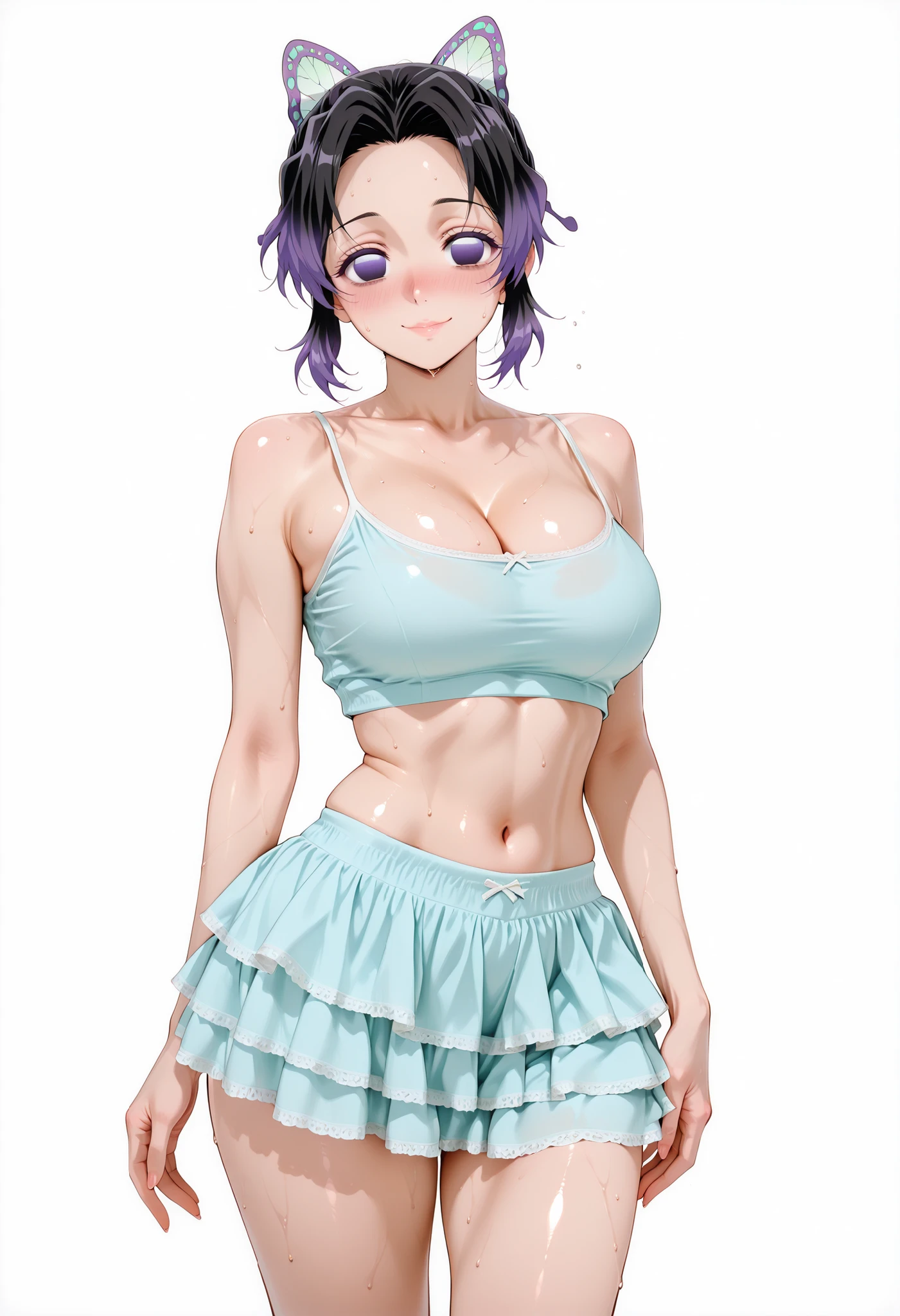 score_9, score_8_up, score_7_up, source_anime, shinobukochou, shinobu kochou, black hair, butterfly hair ornament, forehead, gradient hair, hair ornament, multicolored hair, parted bangs, purple hair, short hair, two-tone hair,, nose blush, looking at viewer, sweat, sweaty, sweaty:1.3,, ,, nose blush, looking at viewer, shiny skin, shiny hair, shiny body, clear body, NICE LEGS,,, shiny skin, shiny hair, shiny body, clear body,, , nose blush, sweat, sweaty, sweaty:1.3,,, nice legs,, looking at viewer,, thick thighs, nice face,,, thick thigs, slim waist,, soft smile, , shiny skin, shiny hair, shiny body, clear body, white background, empty background, ,, , DYNAMIC POSE , white background, empty background, BAGS UNDER EYES, ,, STANDIN UPRIGHT, COWBOY SHOT, POSING, cleavage, CLEAVAGE,, POSING,, STANDING,navel ,midriff,,, LOOKING AT VIEWER, WHITE BACKGROUND, EMPTY BACKGROUND, soft smile,, DYNAMIC POSE, crop top, camisole, ruffled skirt, (blue) shirt, (blue) skirt