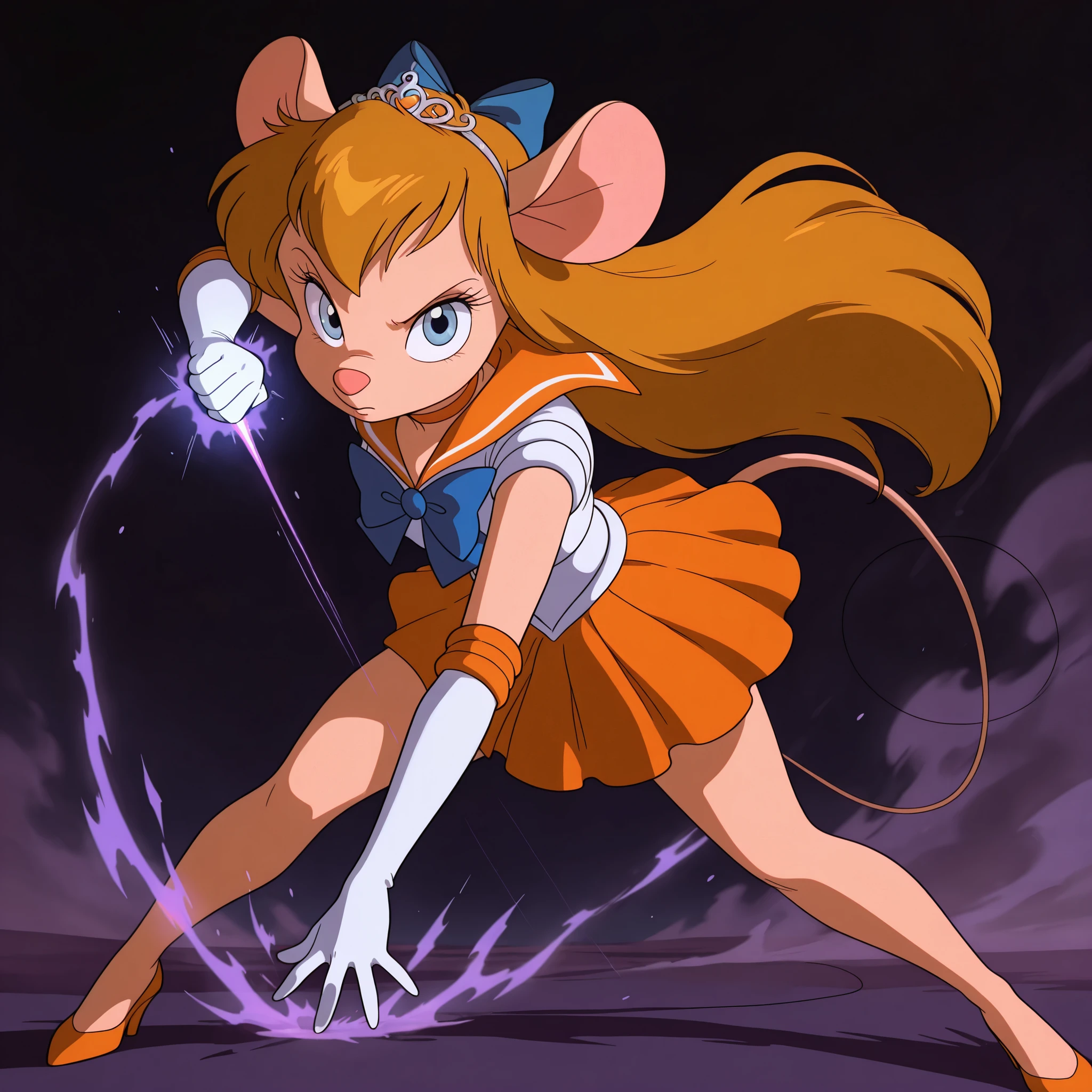 masterpiece, amazing quality, best quality, ultra-detailed, 8K, illustration, clear skin, ultra-detailed-eyes, soft skin, very awa, very as2, soft body, 1990s \(style\), official art, ga_ha, 1girl, blue eyes, long hair, animal ears, mouse, tail, hair bow, tiara, earrings, orange choker, orange sailor collar, blue bow, white shirt, elbow gloves, white gloves, pleated skirt, orange skirt, bare legs, orange heels, sailor senshi uniform, kamehameha, holding spanner, energy own spanner, aura, dust, motion lines, speed lines, looking at viewer, simple background, dim lighting, black sky, night, volumetric lighting, dynamic lighting, sharp focus, distortion-free,