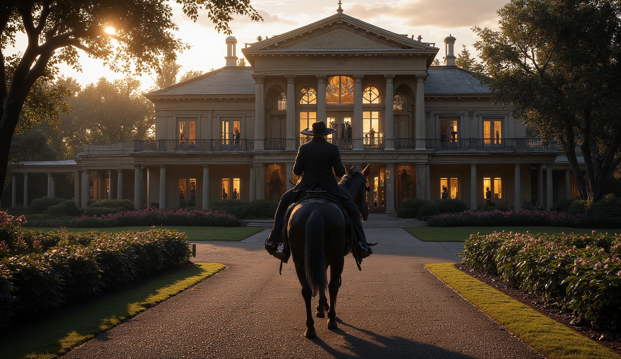 A hyper-realistic cinematic shot at golden hour. The camera is positioned behind Sheriff Dalton on horseback, capturing his silhouette in sharp detail as he slowly approaches Eleonor Grant’s luxurious European-style mansion. He wears a wide-brimmed hat and a long coat, riding a dark horse with elegant tack. The gravel driveway and manicured gardens lead toward the massive three-story mansion with arched windows glowing with warm light. Trees, a lake, and rose bushes frame the scene. The mansion looms in the distance, imposing and glamorous, with faint figures of guards near the entrance. The shot emphasizes Dalton’s perspective, his back facing the camera as he advances toward the mansion. Ultra-realism, sharp focus, cinematic composition, 16:9 format, masterpiece quality.