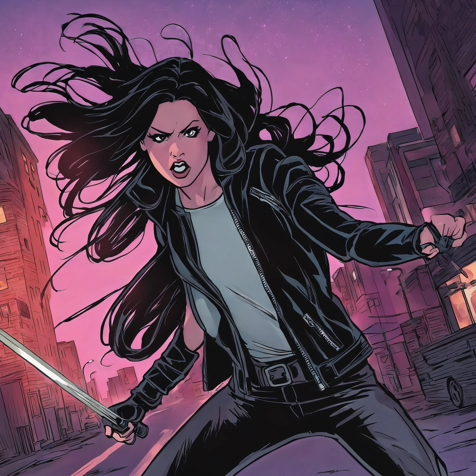 comic book, noir inspired poster with title "(change)". "(white skinned girl with long black hair with a single braid down to her waist, action scene, corpo perfeitoescult,ponto de fuga, perspectiva visao aerea, cinematic angle)". The scene should be in the distinct digital art style of comic book, with.