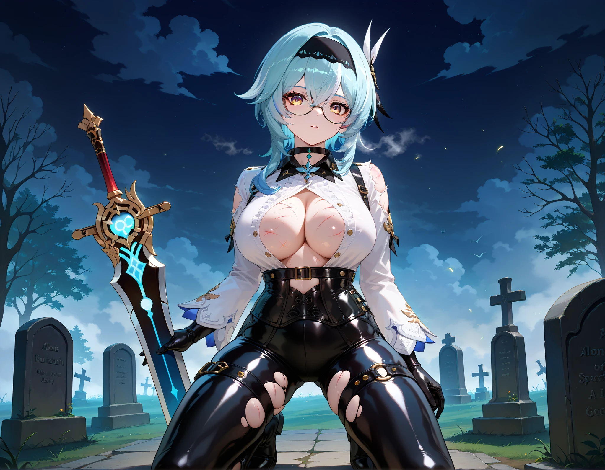 ((dark filter)), ((torn clothing)), (((scratches on the body ))), BREAK EulasDxL,a Woman, Alone, seen from the front, kneeling, Loaded on a sword, button looking at the viewer, eyeglasses, hair ornament, thighhighs, Gloves, Chest harness, long sleeves white, blue hair, yellow eyes, headband,  medium hair, big breasts ,  thigh harness, black headband, choker:1.6, (( Buttoned white buttoned shirt)), ((long sleeve buttoned white ripped shirt)), ((black leather corset)), black leather gloves, (((Shiny black leather leggings))), black leather boots,  multicolored eyes, (impact of Genshin),cowboy shot, tombstones,  cemetery , dry trees,  (fog),  at night, cloudy sky, ((dark sky)), ((black ghosts)). ((dark specters))