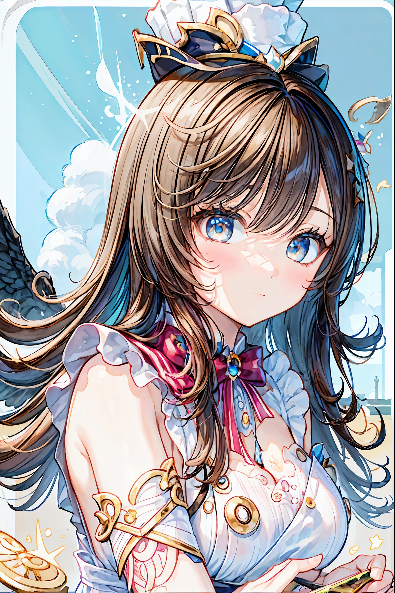 Portrait of a high school girl chef predicting the future with food,she holds a cooking design knife、I just finished drawing fortune telling results with delicate ketchup on an omelette,That omelette、and a pattern like the wheel of fortune } The thick egg and chicken rice drawn with superb realism are appetizing,
latte art、and a mysterious pattern that symbolizes the future、stars on browned toast々and a pattern like the wheel of fortune is drawn。people around々admires her skill and fortune telling results、is being praised。due to beautiful light treatment、soft sunlight envelops her and cooking、creating a mystical atmosphere。