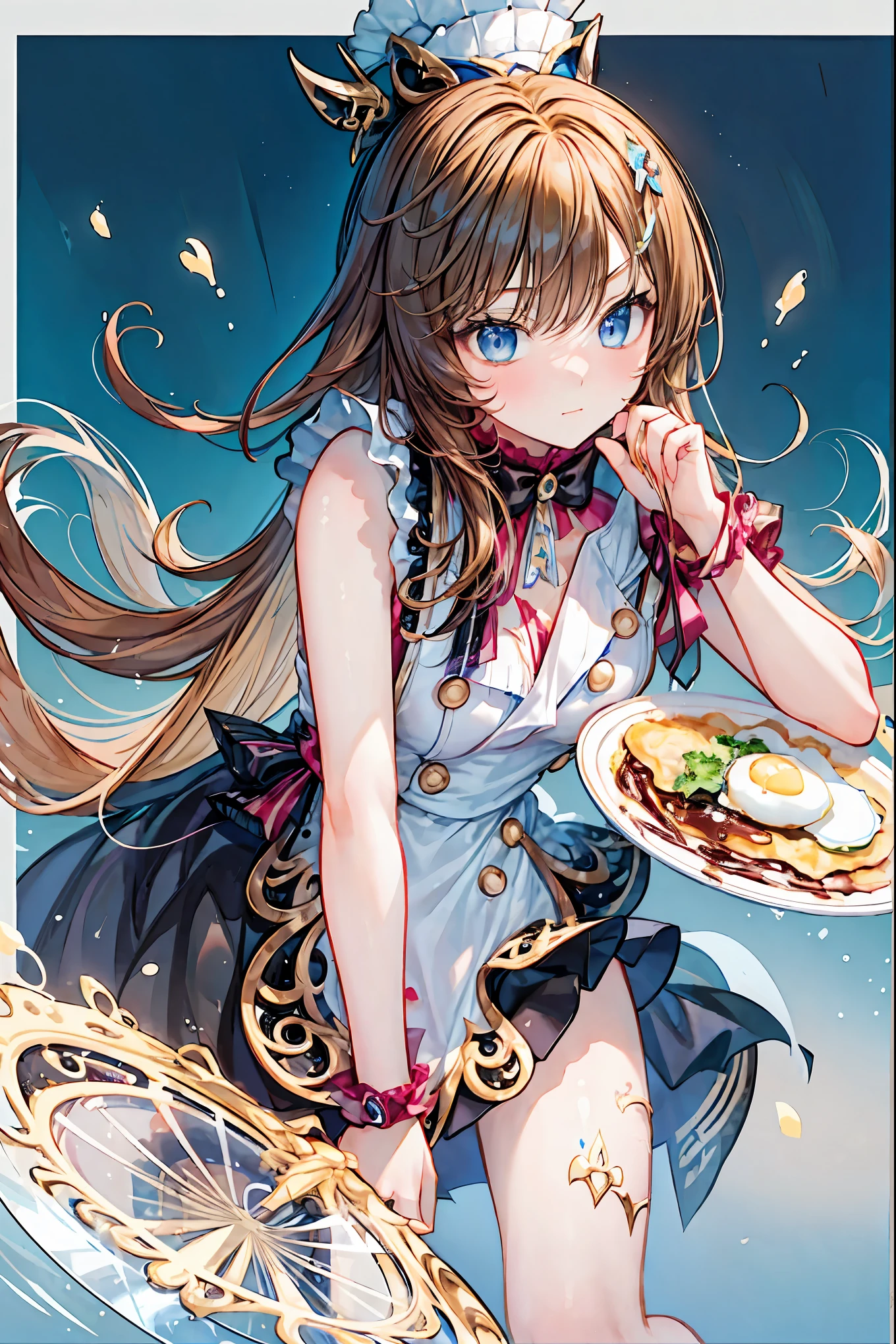 Portrait of a high school girl chef predicting the future with food,she holds a cooking design knife、I just finished drawing fortune telling results with delicate ketchup on an omelette,That omelette、and a pattern like the wheel of fortune } The thick egg and chicken rice drawn with superb realism are appetizing,
latte art、and a mysterious pattern that symbolizes the future、stars on browned toast々and a pattern like the wheel of fortune is drawn。people around々admires her skill and fortune telling results、is being praised。due to beautiful light treatment、soft sunlight envelops her and cooking、creating a mystical atmosphere。