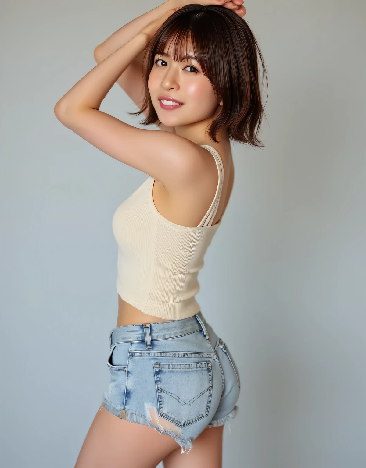 nsfw, masterpiece, best quality, highest resolution, high resolution, authentic, RAW photo, 8k, solo, (girl), ((brown hair color, short bob hair, hairstyle)), ((ivory white slim tank top with logo: 1.5)), ((micro-distressed denim shorts: 1.5)), (crow's feet: 1.3), clear dark brown eyes, long eyelashes, thin nose, shy smile, Flux Skinny Thinspo Petite, slender figure, perfect proportions, large breasts, attractive photo, anatomically accurate proportions, biologically accurate proportions, (((looking to the side with right arm stretched above head: 1.5))), light gray background
