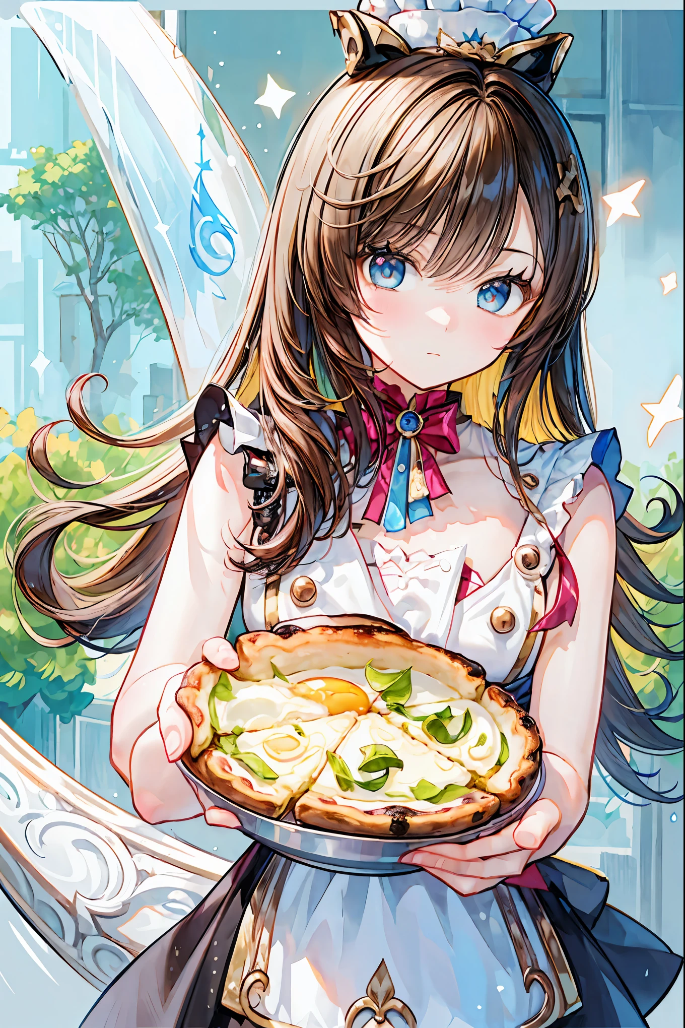 Portrait of a high school girl chef predicting the future with food,she holds a cooking design knife、I just finished drawing fortune telling results with delicate ketchup on an omelette,That omelette、and a pattern like the wheel of fortune } The thick egg and chicken rice drawn with superb realism are appetizing,giant pizza,giant pizzaには魔法陣が描かれていること
カフェラテのラテアートには、and a mysterious pattern that symbolizes the future、stars on browned toast々and a pattern like the wheel of fortune is drawn。people around々admires her skill and fortune telling results、is being praised。due to beautiful light treatment、soft sunlight envelops her and cooking、creating a mystical atmosphere。