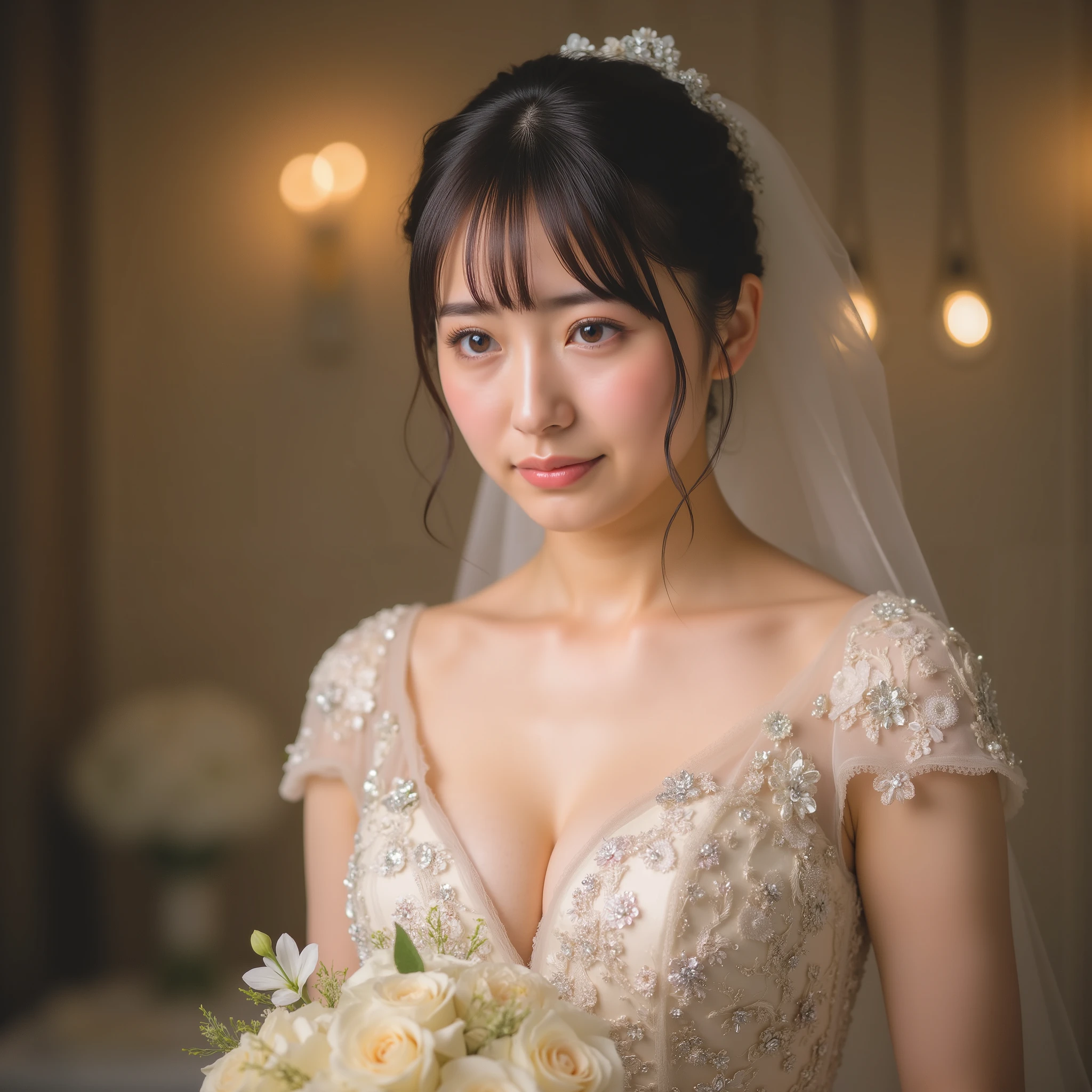 beautiful top Japanese idol crying with joy wearing a wedding dress, Tears Go Down My Cheeks, Wide photo above the knee、(Super Detailed:1.10), (super realistic full body portrait photo:1.9), (Super Detailed and clear focus :1.10), (At the center of the image is a woman :1.5), (At a wedding, She's staring at me, I shed tears with joy:1.3), (studio lighting:1.10), BREAK,
(silk wedding dress for church wedding, top dress, Trendy Wedding Dress, BREAK,
(Super Detailed beautiful Japanese female idol:1.10), (Super Detailed beautiful slender and glamor:1.9), (Perfect Anatomy:1.15), (Yang with a cute smile:1.3), (Super Detailed big eyes, double eyelids), BREAK, No Wedding Veil, if not very delicate and decorative、unless they are very delicate and decorative、no hair ornament,
((Super Detailed upturned beautiful breasts, deep creamy beige F cup chest:1.5)), deep v-neck, ((the best skin and perfect costume:1.8), BREAK,
(Super Detailed finely textured shiny oily skin:1.5), (shiny skin), (( wavy curly hair , Symmetrical bangs, Super Detailed美しく輝く髪:1.5)),