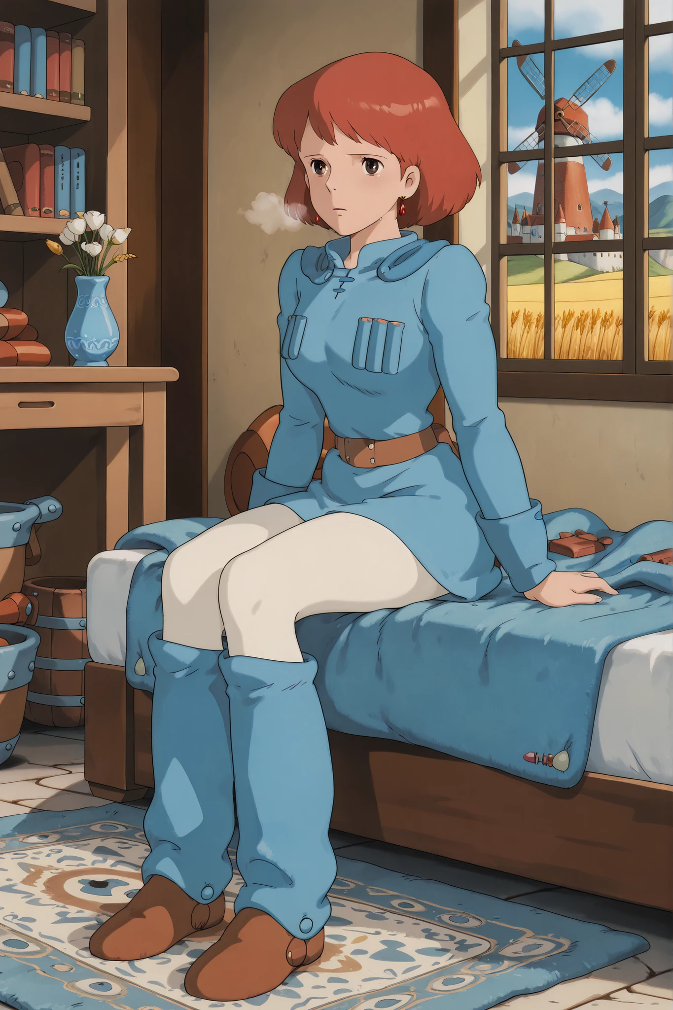 white tights,,Nausicaa,1girl,brown hair,medium hair,brown eyes, breasts,, (Masterpiece, top quality, 8k, High quality anime, detailed and accurate anime poster, Studio Ghibli style, High sense Art ), adorable face, very kind face, Sitting on bed near window in her private room, desk, bookshelf, flower in a vase, large bay window, Exotic atmosphere, relax pose, Quilted lap blanket, hot breath close to the face, on rainy day, depressed mood, orange hair, short hair, ((elegant short bob cut)), dark brown eyes, beautiful clear eyes, Red Gemstone Earrings, beautiful breasts, beautiful legs, perfect body balance, perfect beauty, slender body, beautiful eyes, (she is looking at out of the window), Valley of the Wind Scenery, Beautiful scenery in the valley, Cturch, windmill, Wheat field, Cobblestone load, winery, Castle terrace, Silk Sheets, ((very cool Nausicaa)), ((Nausicaa is very elegant)), Ivory color tights, blue dress,chest bullet holder,long_sleeves, belt, blue leg warmer, felt shoes, beautiful floor rug,