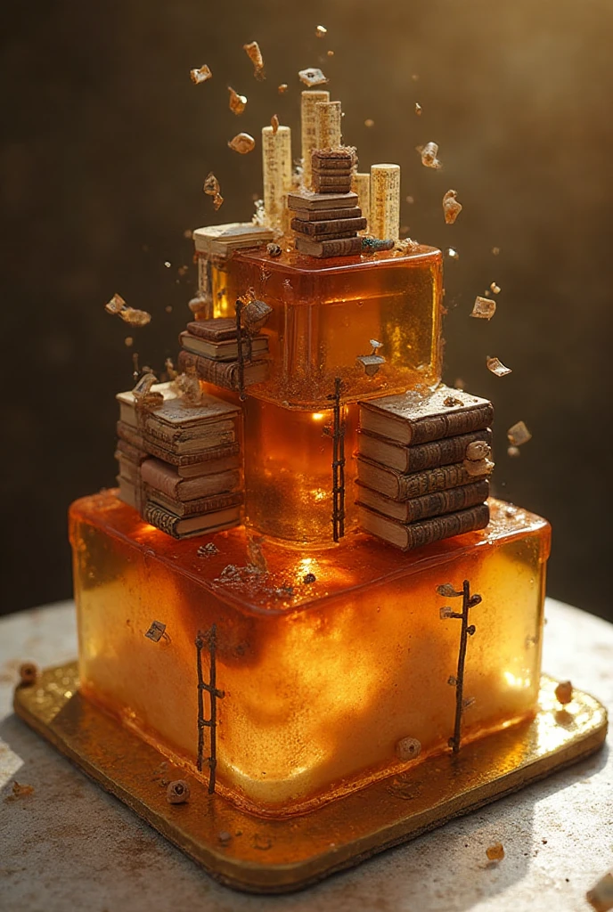 A square cake with bottom butter sponge, middle caramel cream with edible “book page” wafer layers, topped by a thick transparent sepia-tinted jelly (over 50% transparency, 1/3 height) forming a mystical floating library floor. Miniature fondant bookshelves rise from jelly, sugar ladders lean, tiny fondant scholars wander. Jelly swirls with drifting edible letters suspended inside. Warm golden spotlight on an old parchment backdrop.