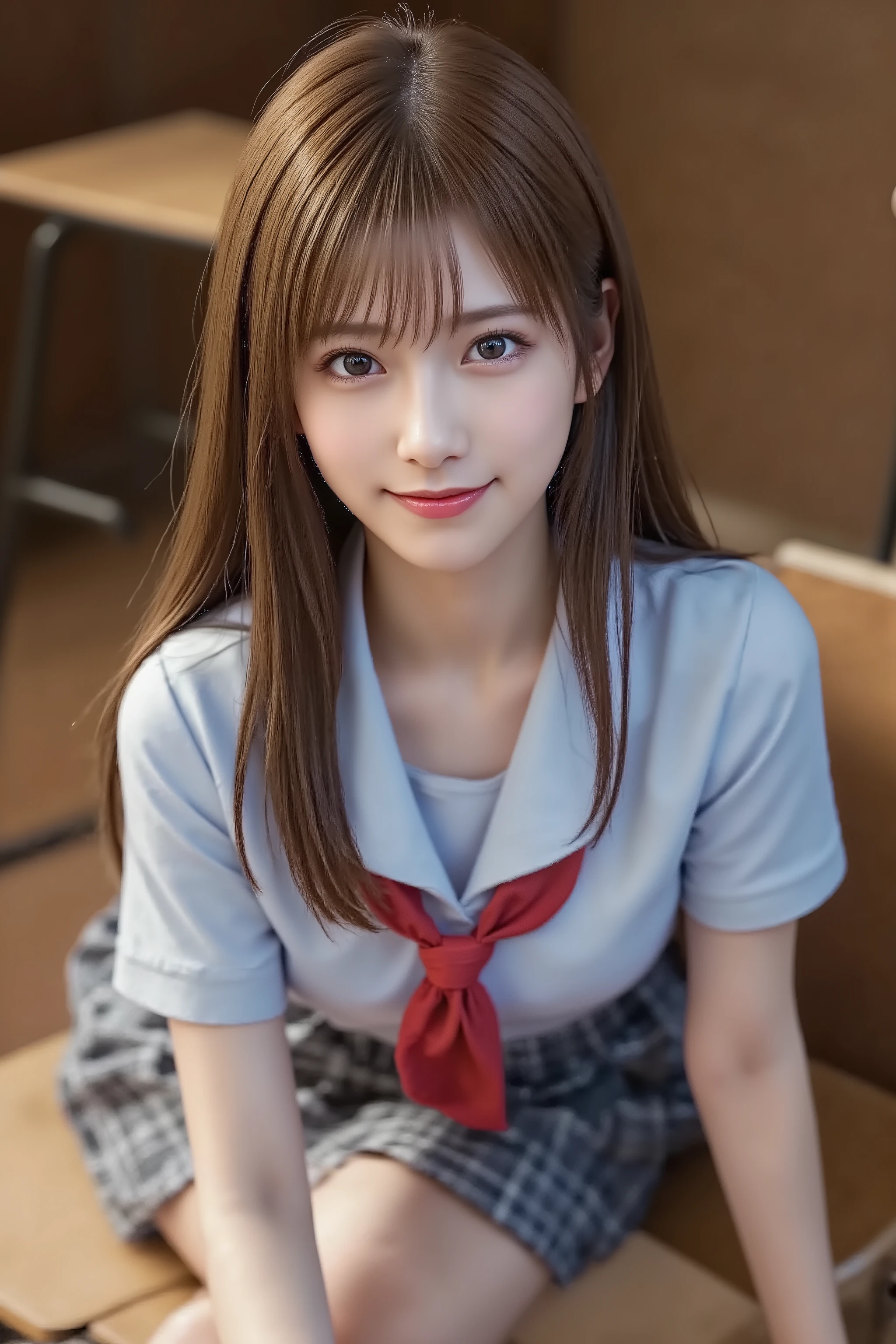 bangs between eyes, long hair, straight hair, long shiny legs, Cute and sexy high school girl, school uniform, light blue collared shirt, red tie, checked skirt, makeup, red lips, classroom, desk, tsubasa