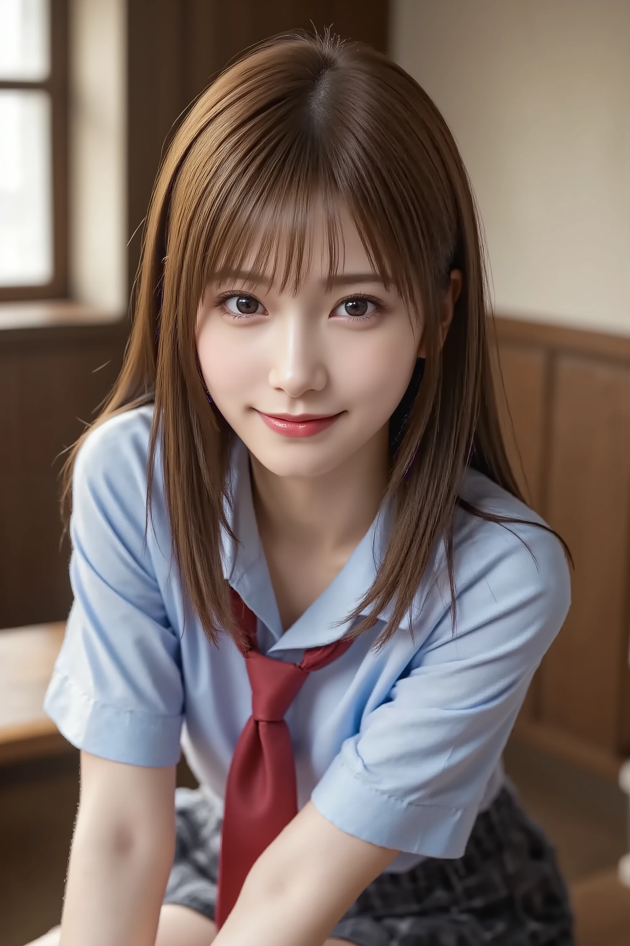 bangs between eyes, long hair, straight hair, long shiny legs, Cute and sexy high school girl, school uniform, light blue collared shirt, red tie, checked skirt, makeup, red lips, classroom, desk, tsubasa