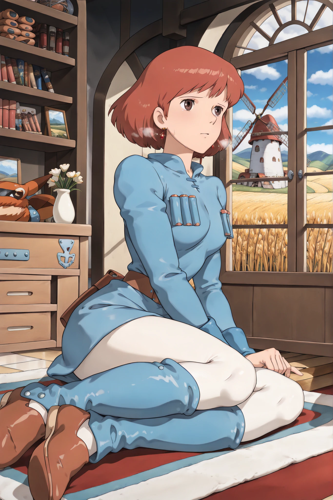 white tights,,Nausicaa,1girl,brown hair,medium hair,brown eyes, breasts,, (Masterpiece, top quality, 8k, High quality anime, detailed and accurate anime poster, Studio Ghibli style, High sense Art ), adorable face, very kind face, Looking at audience, Sitting on bed near window in her private room, desk, bookshelf, flower in a vase, large bay window, Exotic atmosphere, relax pose, Quilted lap blanket, hot breath close to the face, on rainy day, depressed mood, orange hair, short hair, ((elegant short bob cut)), dark brown eyes, beautiful clear eyes, Red Gemstone Earrings, beautiful breasts, beautiful legs, perfect body balance, perfect beauty, slender body, beautiful eyes, Valley of the Wind Scenery, Beautiful scenery in the valley, Cturch, windmill, Wheat field, Cobblestone load, winery, Castle terrace, Silk Sheets, ((very cool Nausicaa)), ((Nausicaa is very elegant)), Ivory color tights, blue dress,chest bullet holder,long_sleeves, belt, blue leg warmer, felt shoes, beautiful floor rug,
