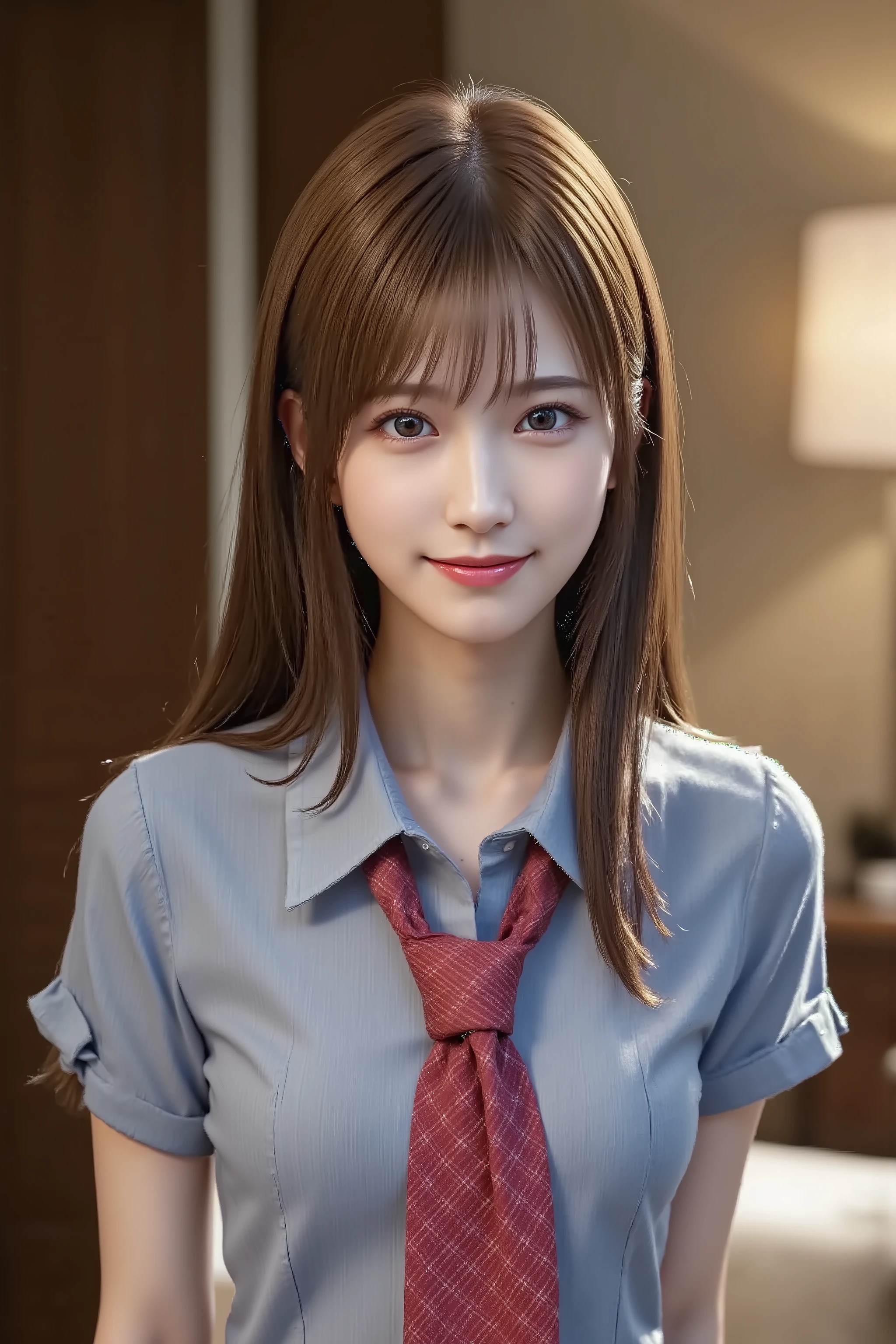 bangs between eyes, long hair, straight hair, long shiny legs, Cute and sexy high school girl, school uniform, light blue collared shirt, red tie, checked skirt,  makeup, red lips, classroom, tsubasa