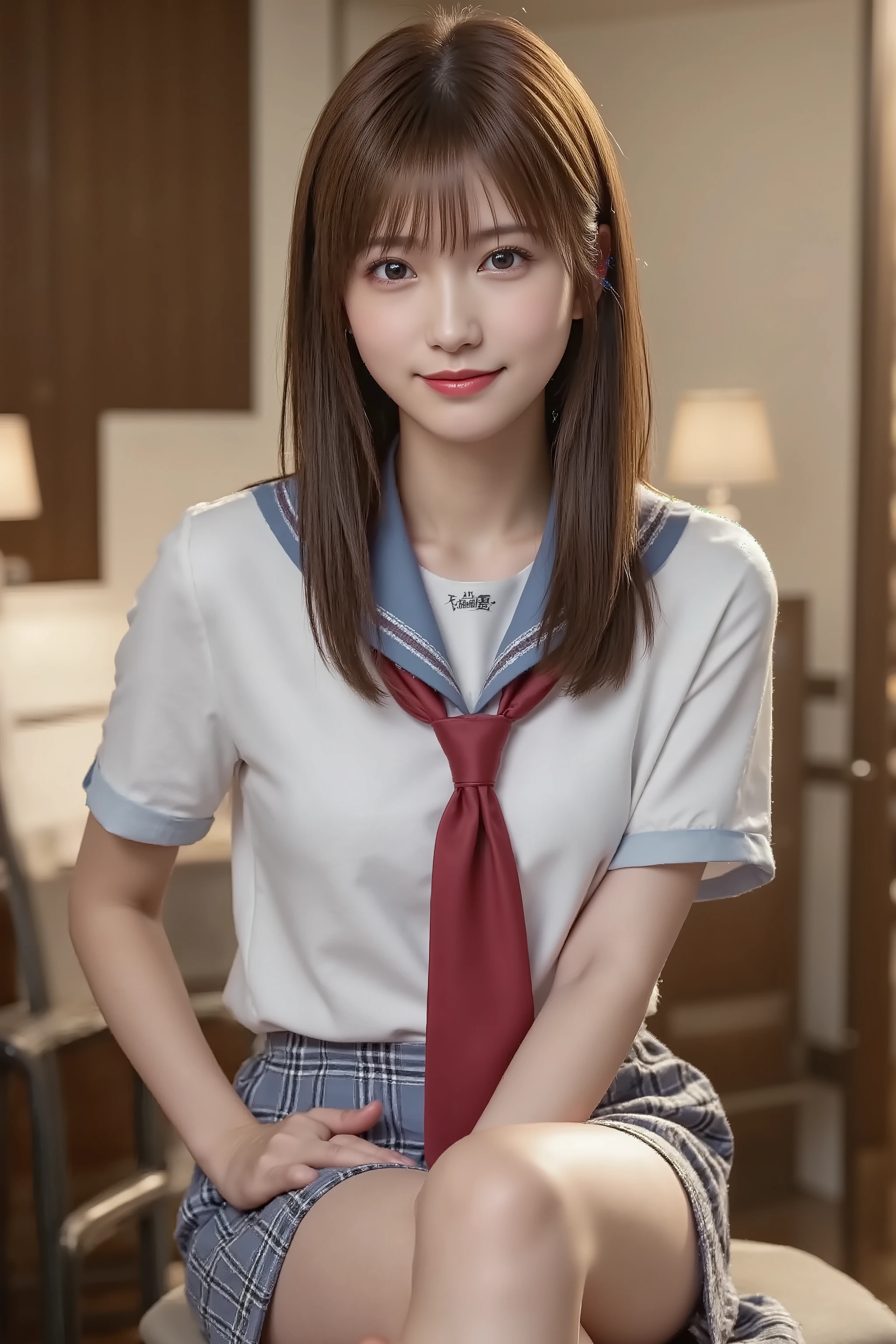bangs between eyes, long hair, straight hair, long shiny legs, Cute and sexy high school girl, school uniform, light blue collared shirt, red tie, checked skirt,  makeup, red lips, classroom, desk, Chair, tsubasa