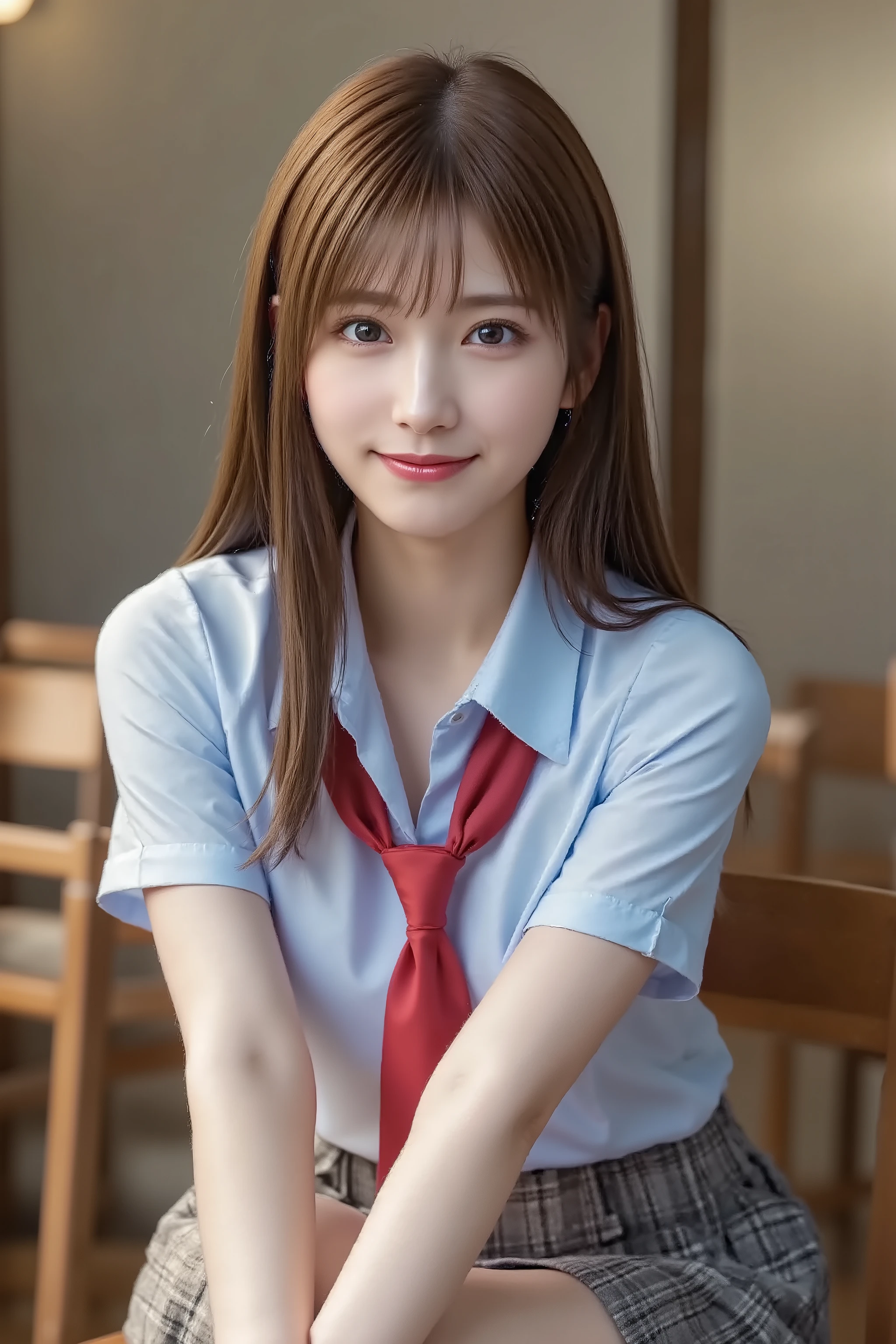 bangs between eyes, long hair, straight hair, long shiny legs, Cute and sexy high school girl, school uniform, light blue collared shirt, red tie, checked skirt, makeup, red lips, classroom, desk, Chair, tsubasa