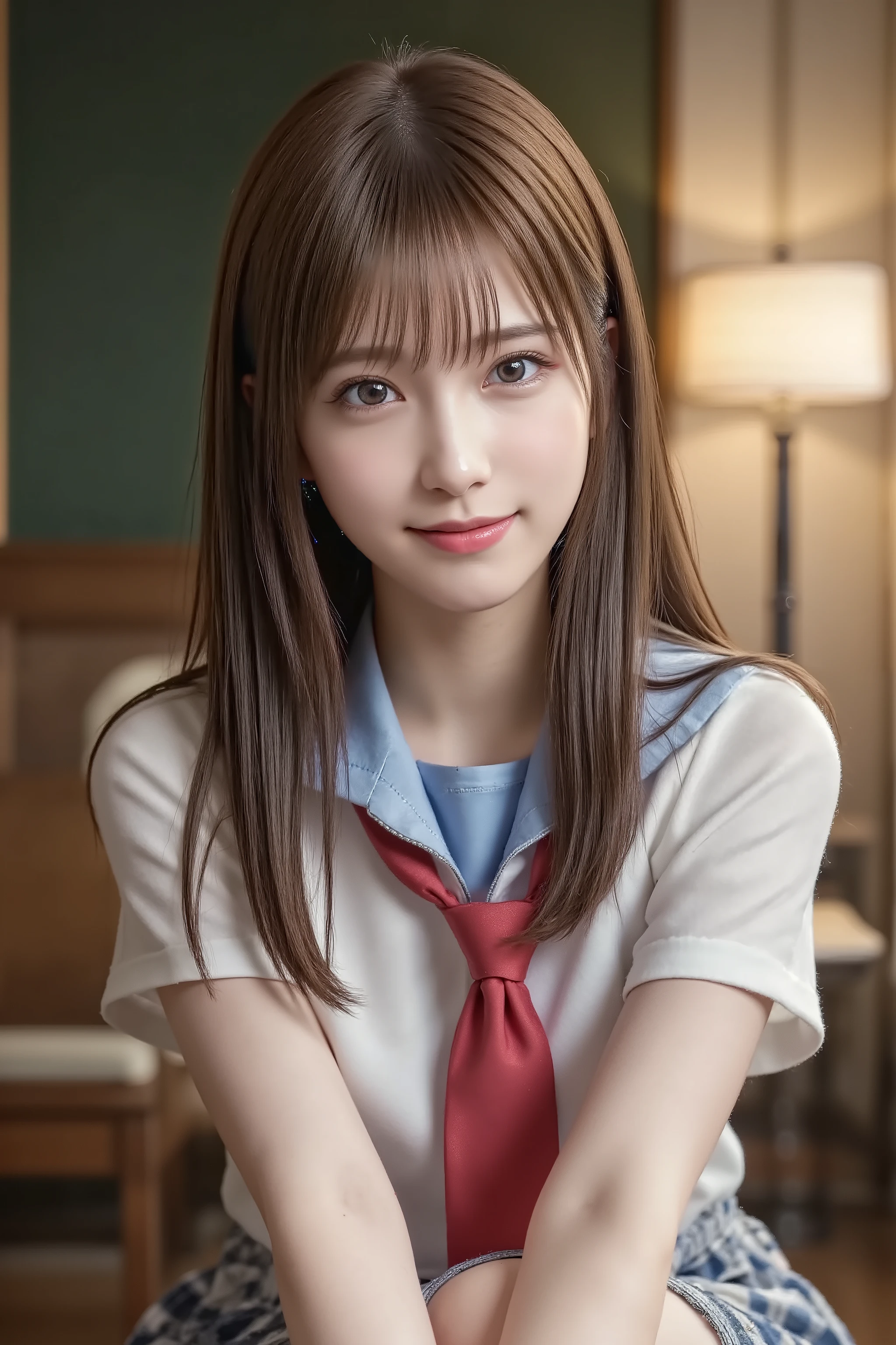 bangs between eyes, long hair, straight hair, long shiny legs, Cute and sexy high school girl, school uniform, light blue collared shirt, red tie, checked skirt, makeup, red lips, classroom, desk, Chair, tsubasa
