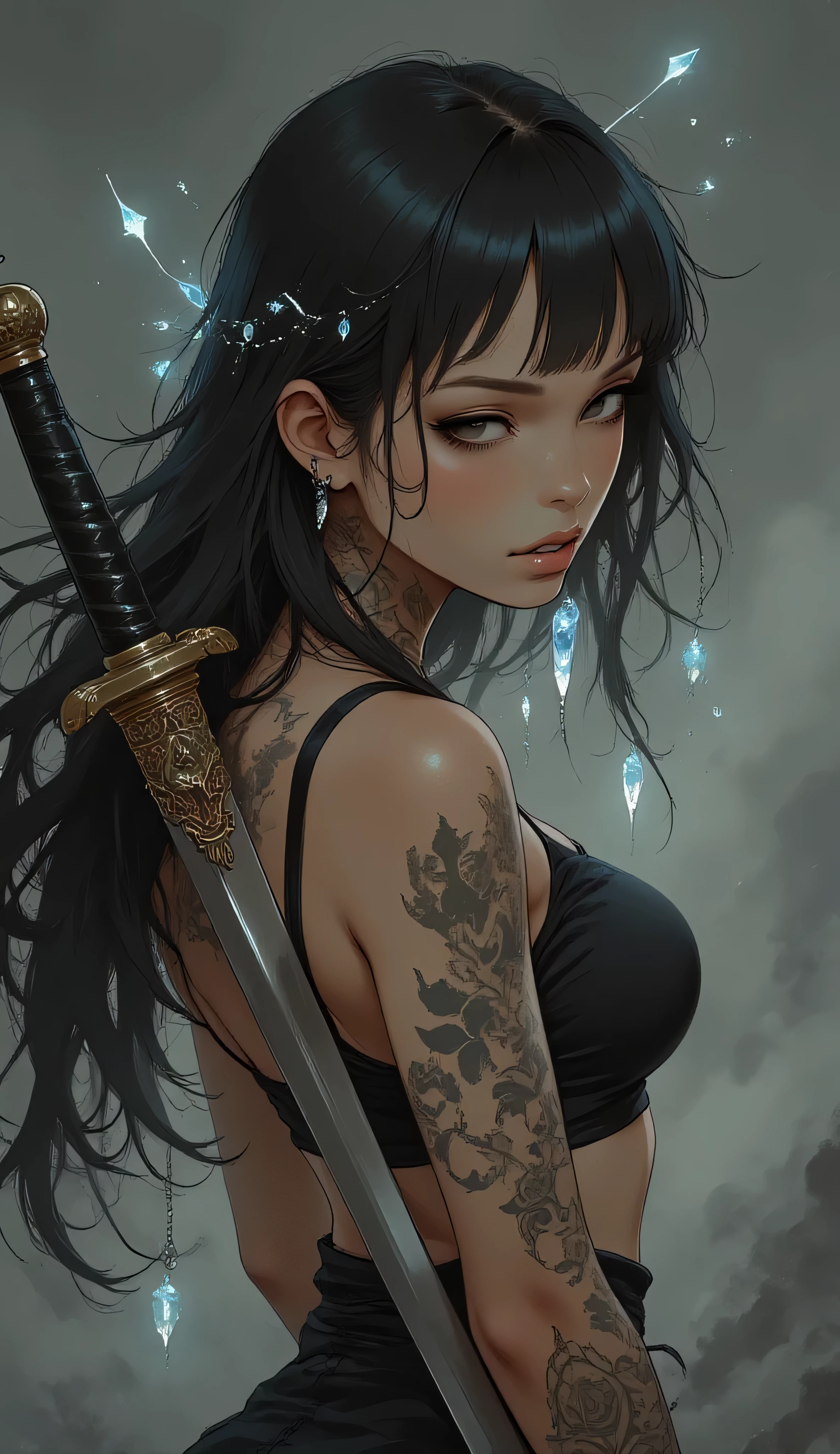Comic sex art. Score_9, score_8_up, score_7_up, ((highest quality)), ((masterpiece)), (be familiar with), Perfect Face, (High definition), (Best Shadow), 8k, cinematic, A highly detailed artwork in the fantasy genre Luis Royo style using digital painting techniques. It features a woman with long, flowing black hair adorned with small, glowing crystals that hang from her head. She has fair skin and a slender physique, with a prominent navel piercing and intricate tattoos covering her arms and torso. She is wearing a black, sleeveless top that reveals her midriff, and black, skirt. Her expression is intense, with a slight smile, and she holds two long, sharp swords behind her back, their hilts decorated with intricate carvings. The background is a gradient of dark to light gray, with subtle hints of mist or smoke, giving a mystical, ethereal feel. The textures are finely detailed, from the smoothness of her skin to the roughness of the swords and the softness of her hair. The overall color palette is muted with shades of gray, black, and white, enhancing the mysterious and otherworldly atmosphere. The artwork combines elements of fantasy and gothic styles, with a focus on intricate details and a sense of depth and movement.