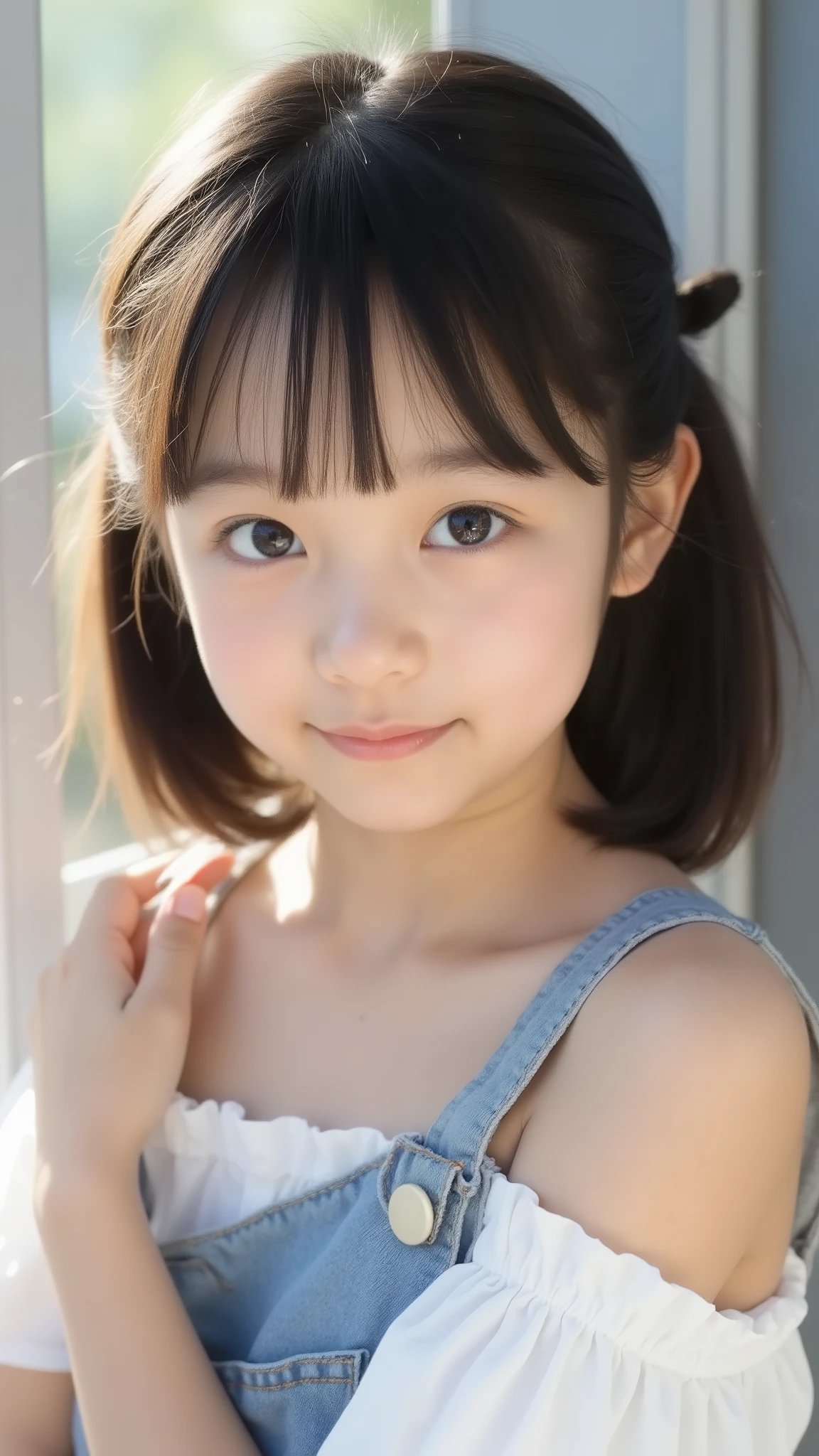 big eyes、the cutest middle school student in the world、Use your arms 、showing the head from the shoulder、smile,( She's a Middle School Student 、There are:1.8),(8k, original pictures, Highest Quality, masterpiece: 1.45), A Cup Breasts、and、symbol body、(realistic, photorealistic: