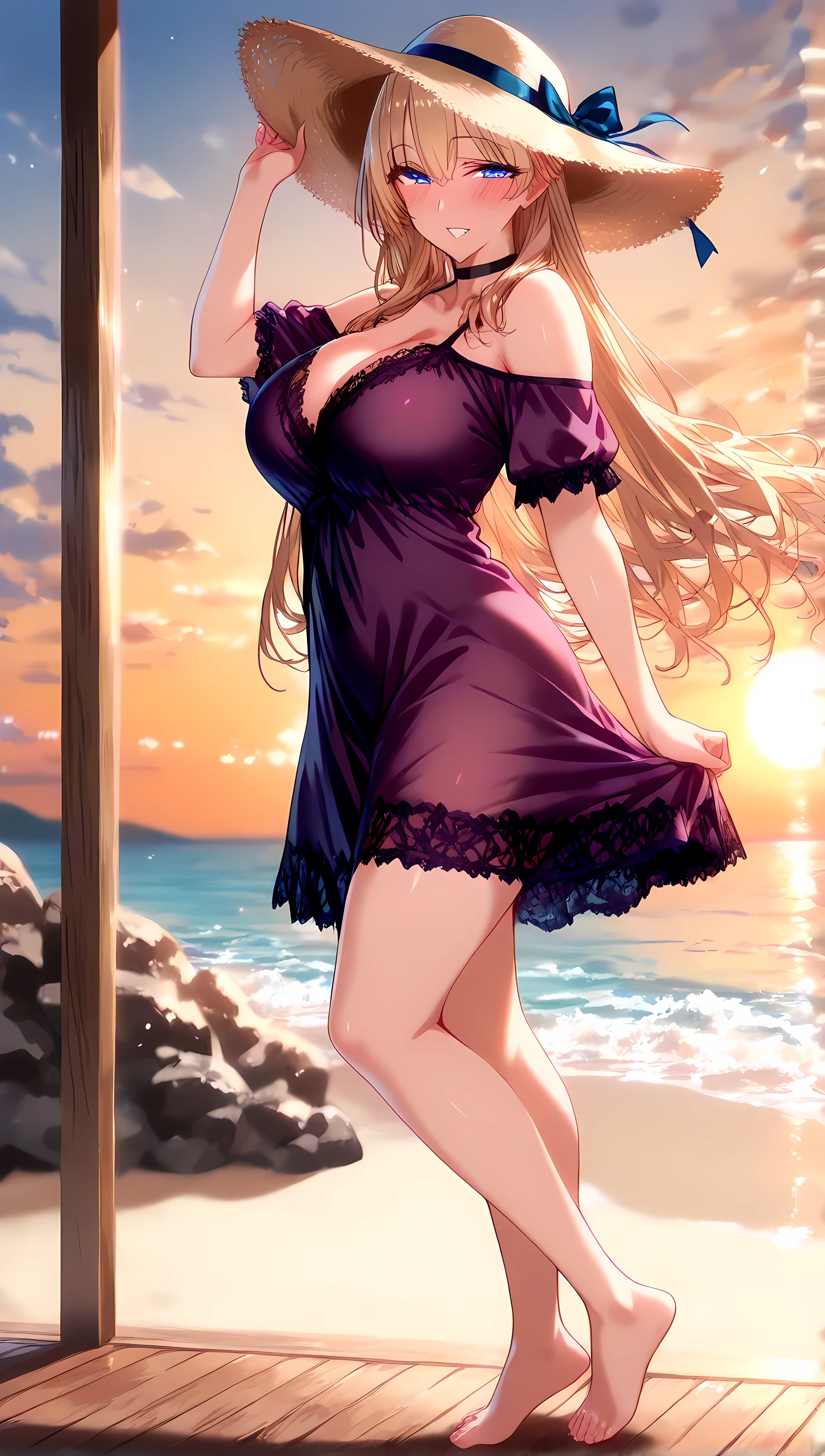 (masterpiece, best_quality:1.2), 1girl, solo, mature female, very long hair, blonde hair, blue eyes, (purple lace nightgown, off-shoulder dress, black choker, sun hat), beautiful eyes, female focus, looking at viewer, smile, blush, proud, horny, collarbone, medium breast, symmetrical body, ((solo)), detailed, very high resolution, no blurry image, (shot), beautiful, suspicious, sexy, lewd, cheating, intricate details, detailed background, outdoors:1.3, attractive body, Full body, View from side, Bare foot,(perfect hands, perfect fingers, perfect number of hands and legs, Perfect length body, Perfect lips, Perfect eyes, Slender legs),(Sunset, Side of wave beach, Walking on wave beach, Blew in the wind)