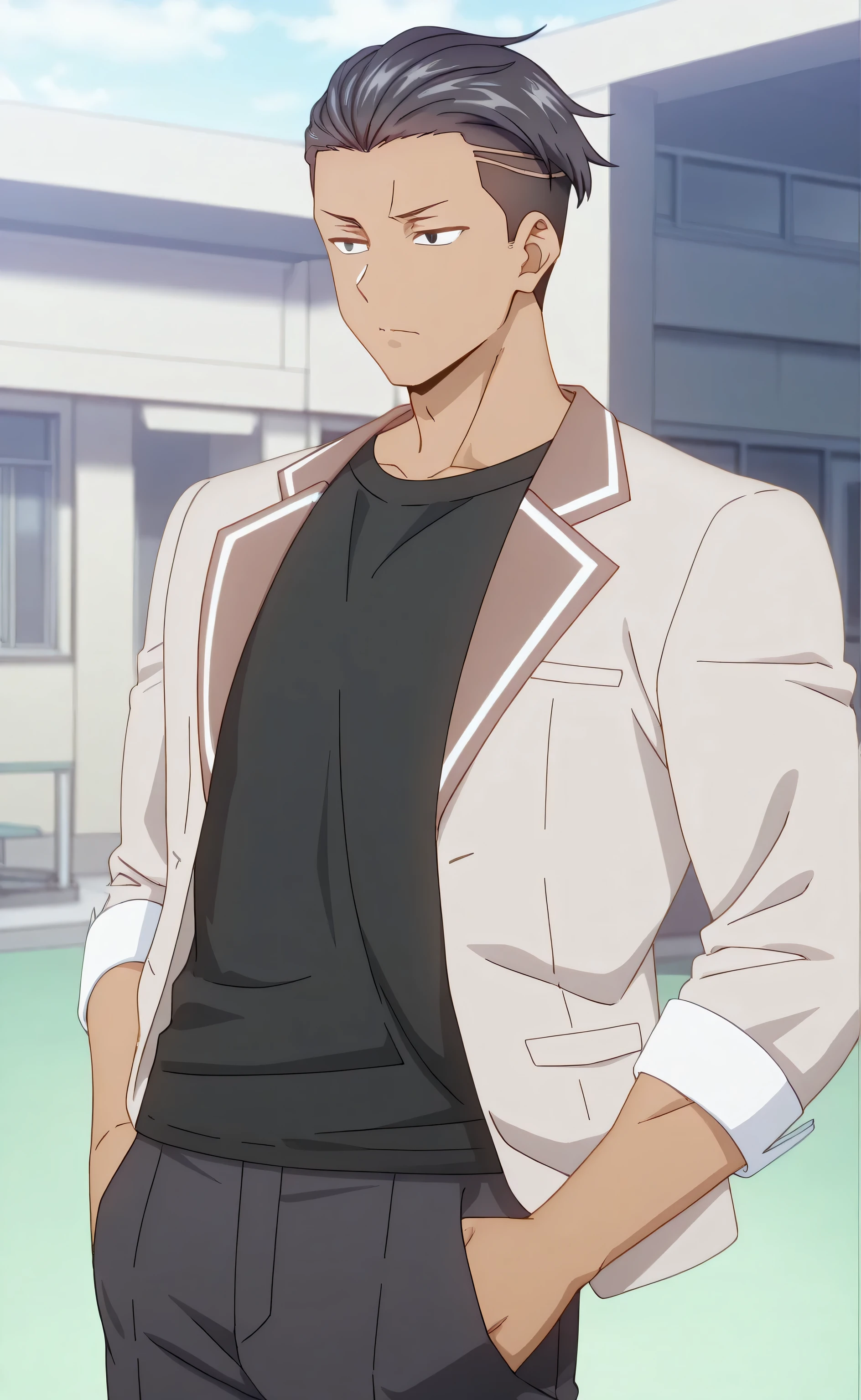 1male, solo, black hair, short hair, slicked-back hair, undercut hair, black eyes, tan skin, lazyface, beige blazer, black t-shirts, black pants, muscle,  school, rooftops, Tokidoki Bosotto Russia go De Dereru Tonari No Alya san Anime style