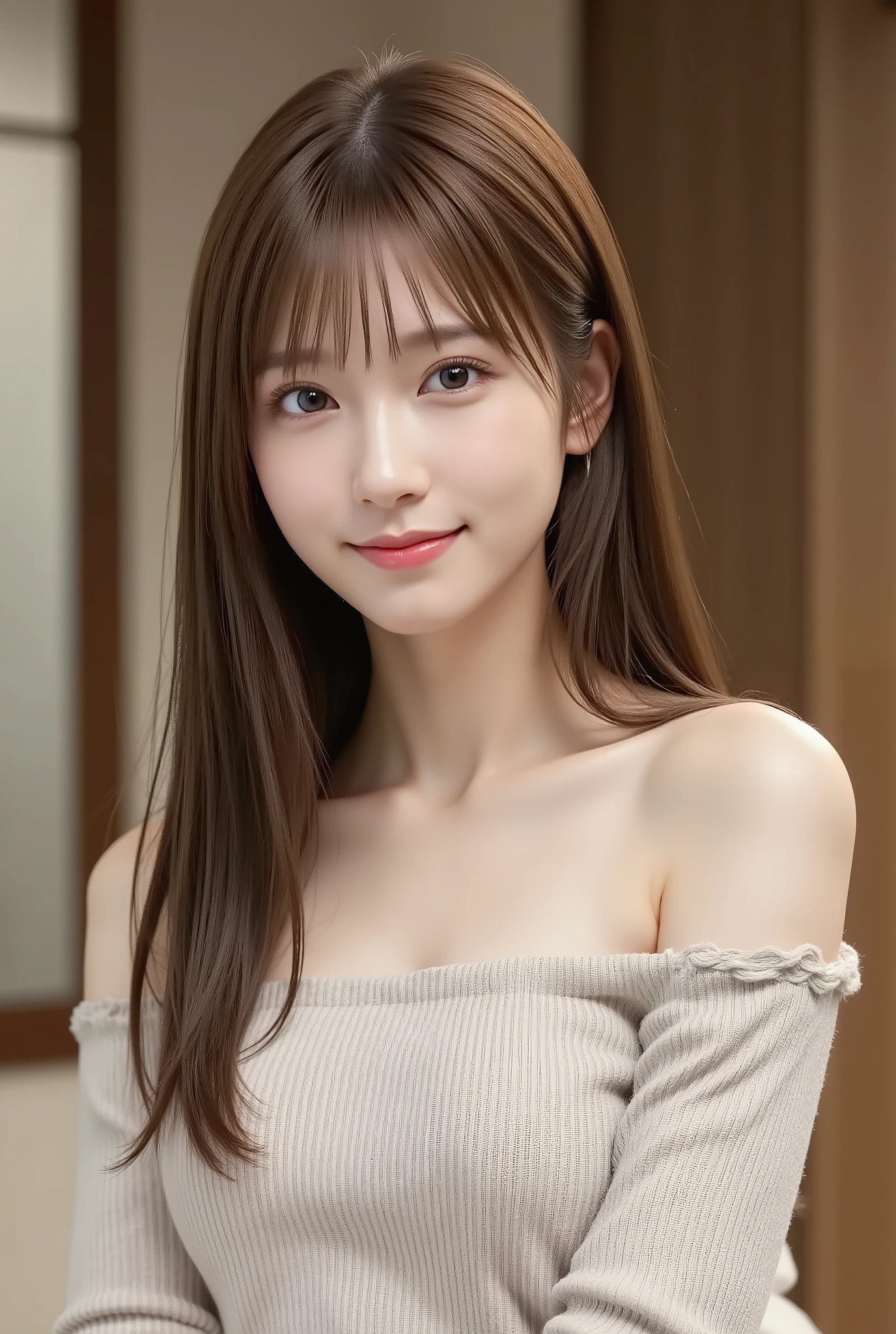 1girl, long hair, straight hair, bungs, off shoulder, from front, full body, light smile