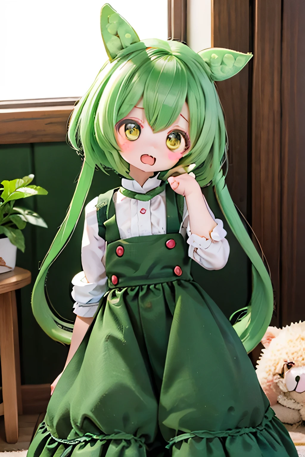 cute green-haired zundamon in playful pose, Elaborate character design , Delicate Details , surreal , photorealistic , 8k, masterpiece , teeth高解像度です, bright color, 多くのcute人々I can see the light of , natural light, 、 warm palette , wonderful , Nikon Z7 IIミラーレスカメラで撮影したwonderful映像 , cute , cuteデザイン , , Heartwarming、Edamame、 execution (((((Young Lady))))))(((Boro-Yado's long hair))) (((((long dress))))))long skirt in front of the museum、 very elegant teeth I'm sitting on a chair in a small hut drinking tea