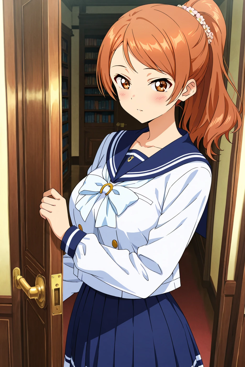 縞々のパンティが見えてる、後ろから(Anime artwork, Anime Style, Studio Anime, Very detailed, Latest, Vibrant, Anime Coloring, High Contrast, masterpiece:1.2, highest quality, Best aesthetics), A woman wearing a sailor suit, Pleated skirt, Medium chest, Thighs glimpsed, Redhead, Side Ponytail, Asymmetrical bangs, Perfect Proportions, Skin with attention to detail, cute, Detailed face, Dance Motion, Poses with action, (Accurate fingertips, Browse 4, Thumb 1),