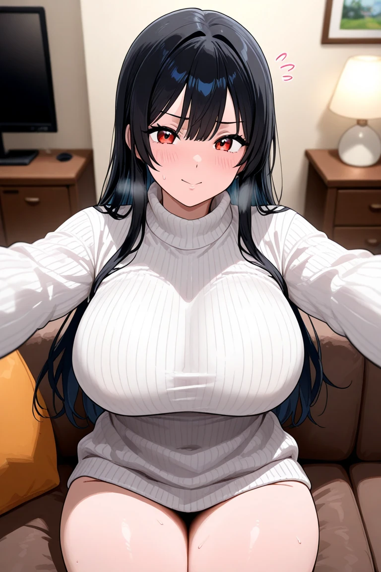 super high quality, ultla highres, hyper-detailed, high contrast, Ultrafine Strike, creative refinement,black hair,smile,Show cleavage,living room,5 fingers, 