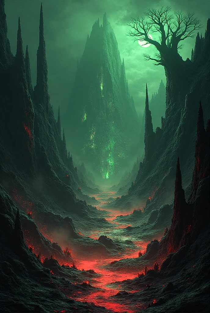 view from the top of the peak, horror art landscape, complex biomechanicals monuments, biomorphic beings from the 4th dimension, spiked walls, madness, thorns, horror art, artstation, UHD, unreal engine, line art drawing style.