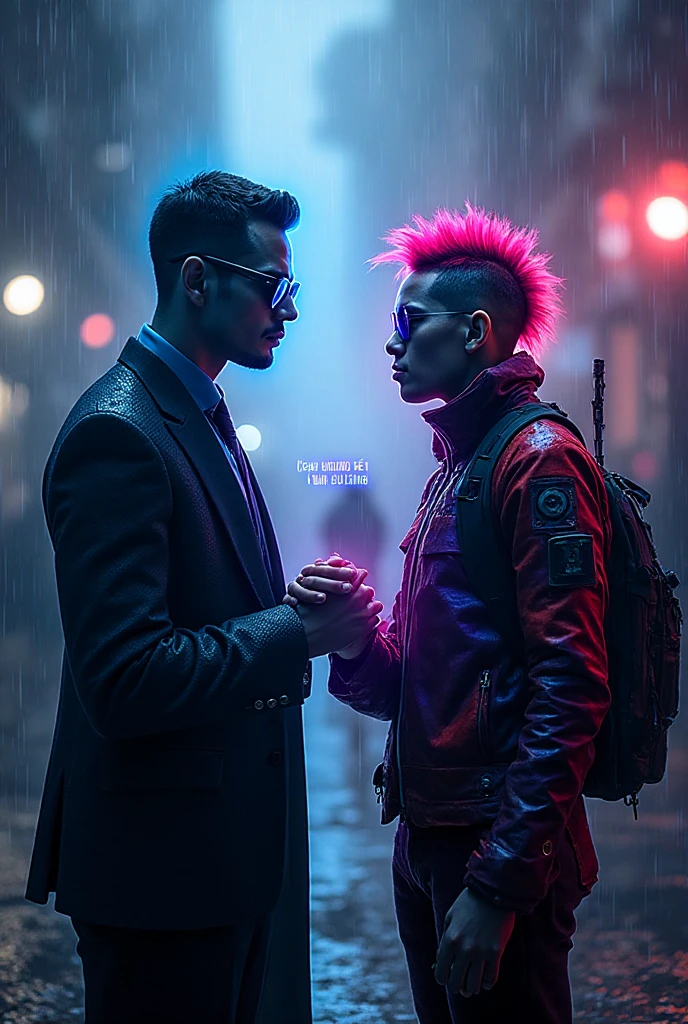 Change background Cyberpunk and change two men into Cyberpunk,8k