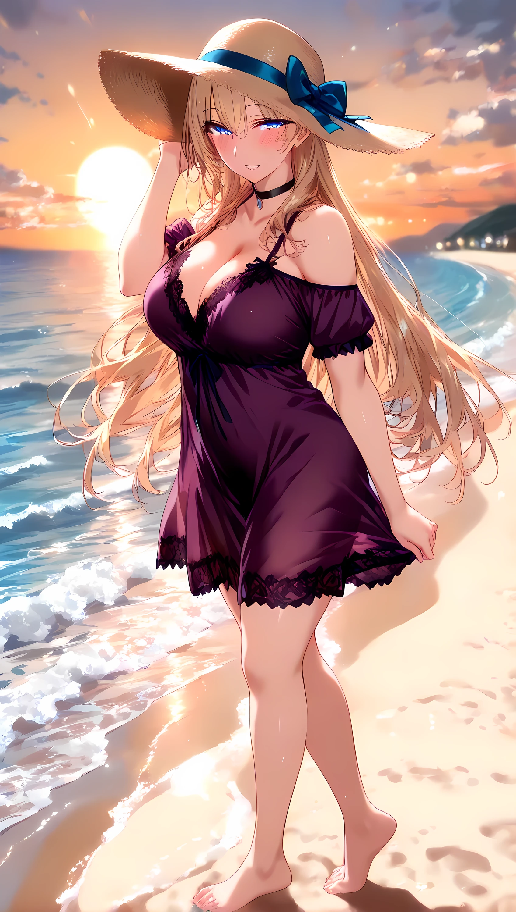 (masterpiece, best_quality:1.2), 1girl, solo, mature female, very long hair, blonde hair, blue eyes, (purple lace nightgown, off-shoulder short dress, black choker, sun hat), beautiful eyes, female focus, looking at viewer, smile, blush, proud, horny, collarbone, medium breast, symmetrical body, ((solo)), detailed, very high resolution, no blurry image, (shot), beautiful, suspicious, sexy, lewd, cheating, intricate details, detailed background, outdoors:1.3, attractive body, Full body, View from side, Bare foot,(perfect hands, perfect fingers, perfect number of hands and legs, Perfect length body, Perfect lips, Perfect eyes, Slender legs),(Sunset, Side of wave beach, Walking on wave beach, Blew in the wind)