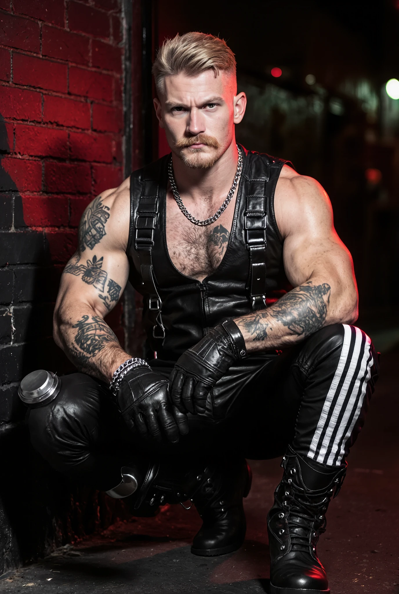 Realistic photo, Leather Macho Gay Hunk Man. 20 years old, white Muscular and dominant gay escort, Leather Sex God, pale skin, smug face expression, looking straight ahead, dark blond short hair, Wears a leather fetish harness, leather biker vest, short tactical police leather gloves, tight leather pants with white Adidas stripes and tall steel toe cap cowboy boot, silver chain, silver chain bracelet, mustache and has pierced nipples. very hairy chest. many tattoos, on beard, Leans against a sex shop wall at night with dark red light. best quality, very detailed. Close up photo, realistic, Tom of Finland Style.