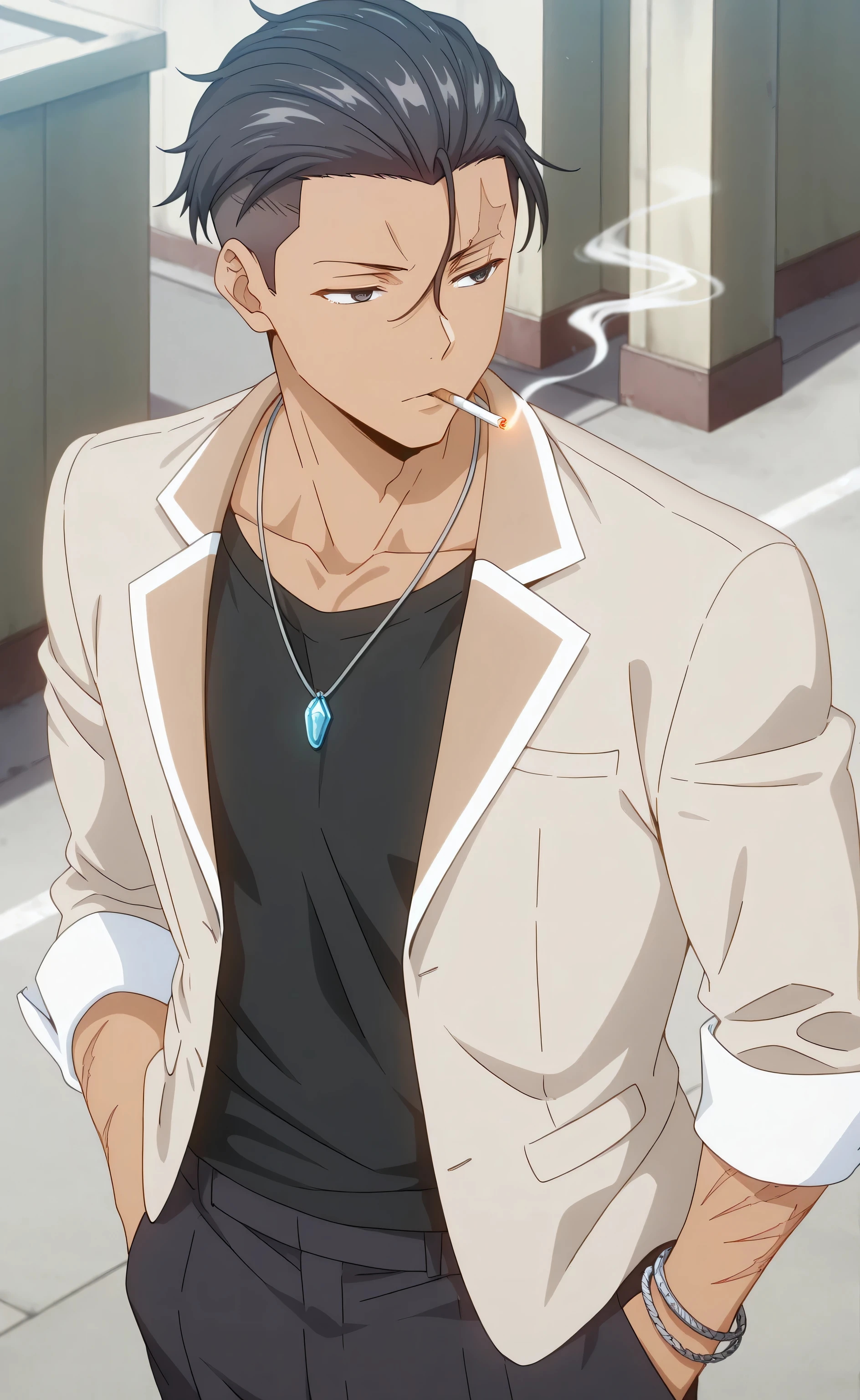 1male, solo, black hair, short hair, slicked-back hair, undercut hair, black eyes, tan skin, lazyface, beige blazer, black t-shirts, black pants, wrist chain, necklace, scar burned, thug, smoking, 1cigarettes, muscle, school, rooftops, Tokidoki Bosotto Russia go De Dereru Tonari No Alya san Anime style
