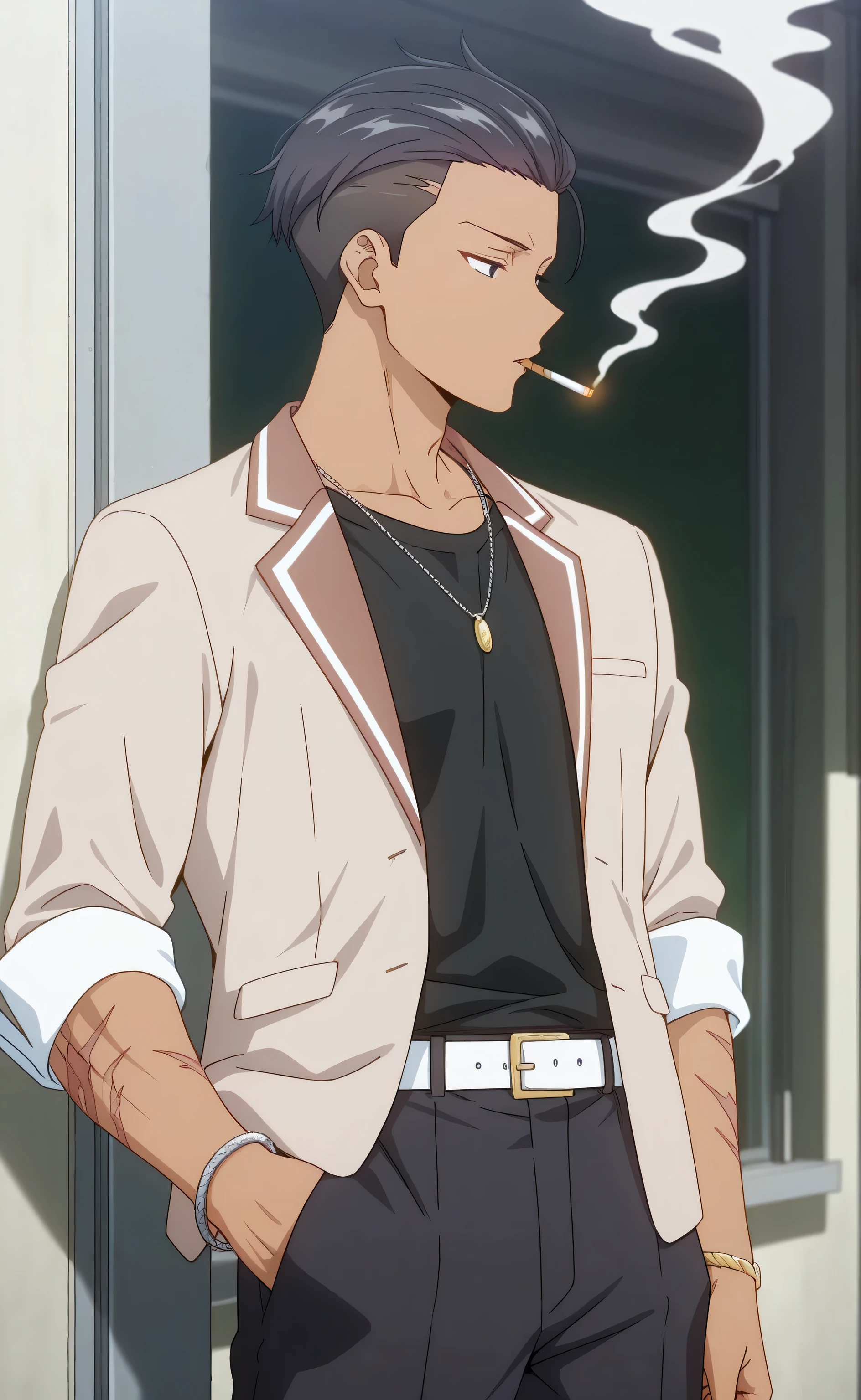 1male, solo, black hair, short hair, slicked-back hair, undercut hair, black eyes, tan skin, lazyface, beige blazer, black t-shirts, black pants, white belt, wrist chain, necklace, scar burned, thug, smoking, 1cigarettes, muscle, school, rooftops, Tokidoki Bosotto Russia go De Dereru Tonari No Alya san Anime style