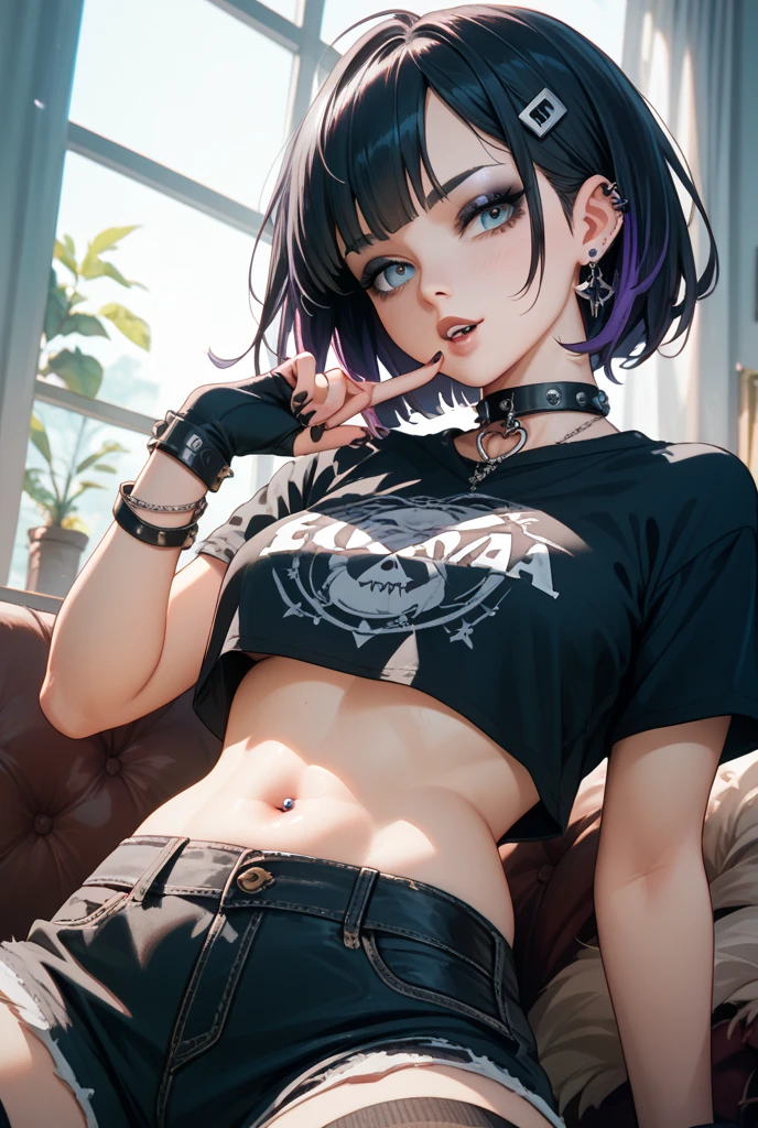 This image is、A very attractive and detailed portrait of a woman.。Below is the detailed prompt for the image。

--- In the center of this image、A young woman is depicted。Her appearance is very impressive、What really catches your eye are her bright yellow eyes.。The eyes emit a strong light、It gives her a mysterious and sharp look.。The contours of her face are soft、Skin is smooth and has a healthy glow。

Her hair is black、Place々Has purple highlights。Long hair、It flows naturally like waves.。Some of her hair hangs down the side of her face.、Overall無造作なスタイルが強調されています。Her attire is casual and、She is wearing a purple tank top and a mini skirt.。This outfit reflects her stylish and contemporary taste.。

She has a tattoo on her arm、There is a large design on the left arm.。The tattoo is carefully drawn in detail.、Emphasizes her personality。Also、There is a small tattoo on his right arm.。She has a black choker around her neck.、The pendant hangs。This accessory adds an edgy element to her overall look.。

She is sitting with her head slightly tilted forward.、The gaze is fixed straight ahead。Although his facial expression is calm,、Gives a confident impression。The background around her is simple.、Designed so that the focus is entirely on her。The background is a light grey color.、It brings out her vibrant colors。

Overall、This image is非常にディテールに富んでおり、Character personality and style are emphasized。Her unique fashion sense and tattoos、It brings out her strong personality and modern appeal.。It is a work that perfectly combines modern and artistic elements that users love.。