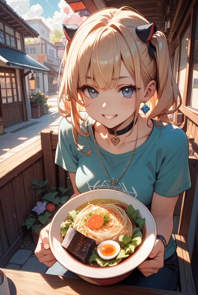 European girl portrait,alone,20-year-old,Beautiful Face,Hair on one eye,Medium Sidecut, Blonde, Sharp focus,White tank top,Blue shorts,(((Glasses))),Eating a cream-filled pastry, Sticking out ,A delicious smile