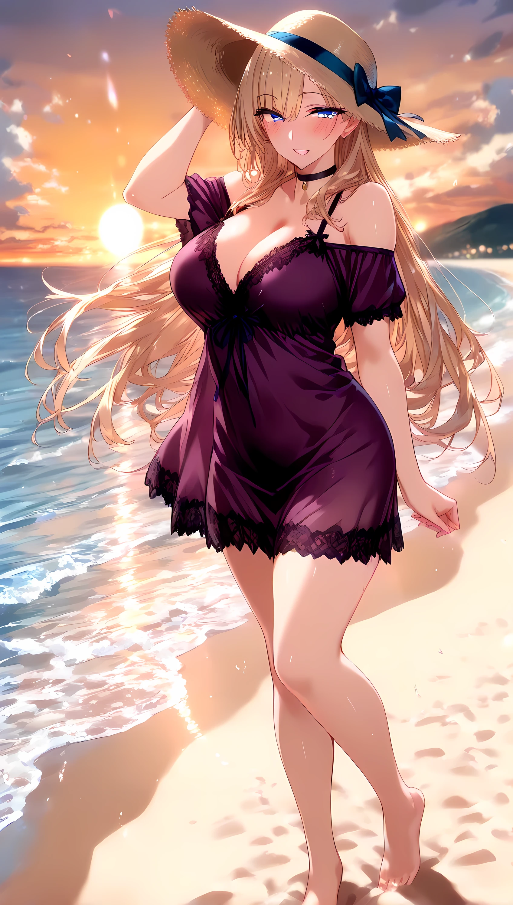 (masterpiece, best_quality:1.2), 1girl, solo, mature female, very long hair, blonde hair, blue eyes, (purple lace nightgown, off-shoulder short dress, black choker, sun hat), beautiful eyes, female focus, looking at viewer, smile, blush, proud, horny, collarbone, medium breast, symmetrical body, ((solo)), detailed, very high resolution, no blurry image, (shot), beautiful, suspicious, sexy, lewd, cheating, intricate details, detailed background, outdoors:1.3, attractive body, Full body, View from side, Bare foot,(perfect hands, perfect fingers, perfect number of hands and legs, Perfect length body, Perfect lips, Perfect eyes, Slender legs),(Sunset, Side of wave beach, Walking on beach, Blew in the wind)