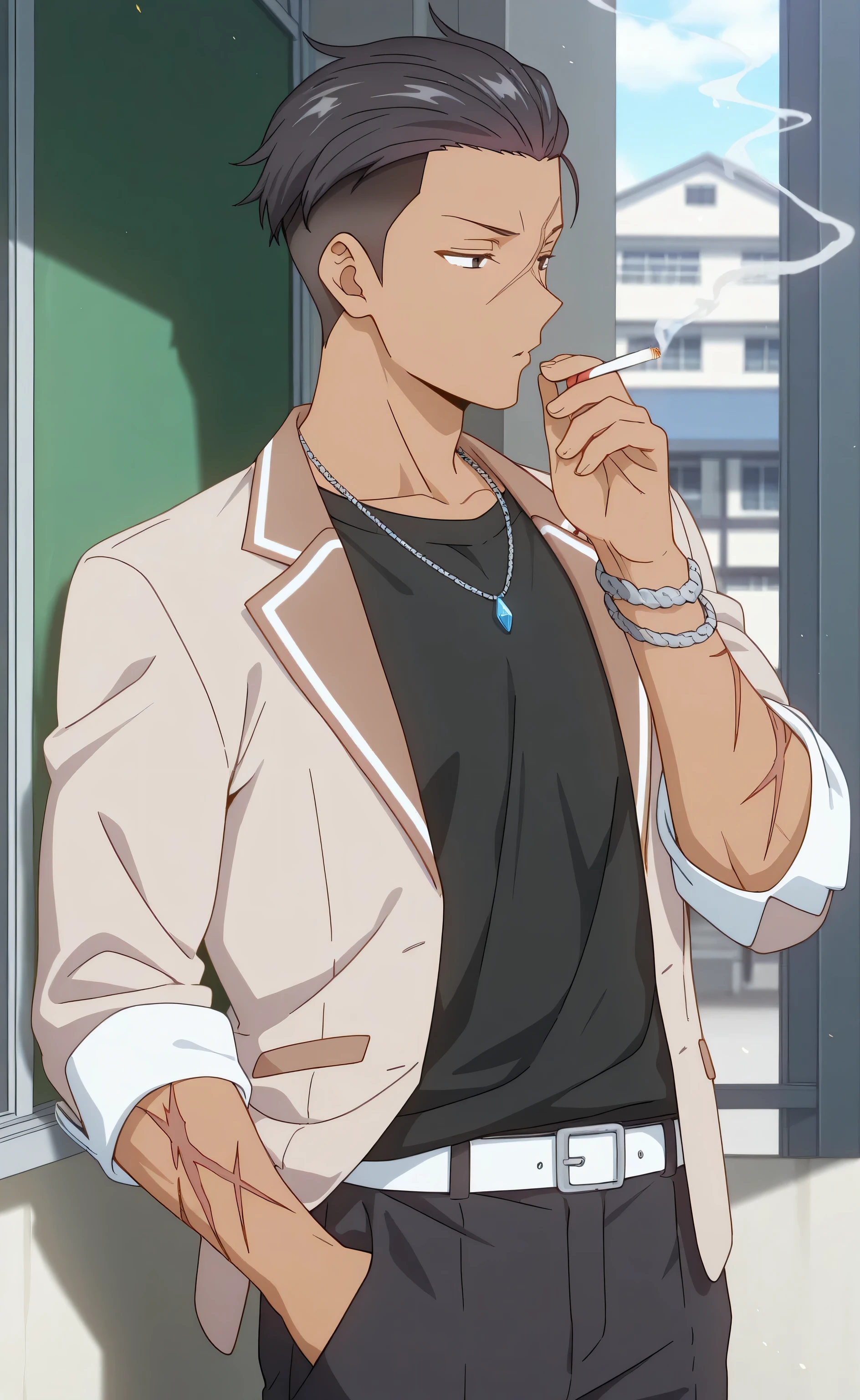 1male, solo, black hair, short hair, slicked-back hair, undercut hair, black eyes, tan skin, lazyface, beige blazer, black t-shirts, black pants, white belt, wrist chain, necklace, scar burned, thug, smoking, 1cigarettes, muscle, school, rooftops, Tokidoki Bosotto Russia go De Dereru Tonari No Alya san Anime style
