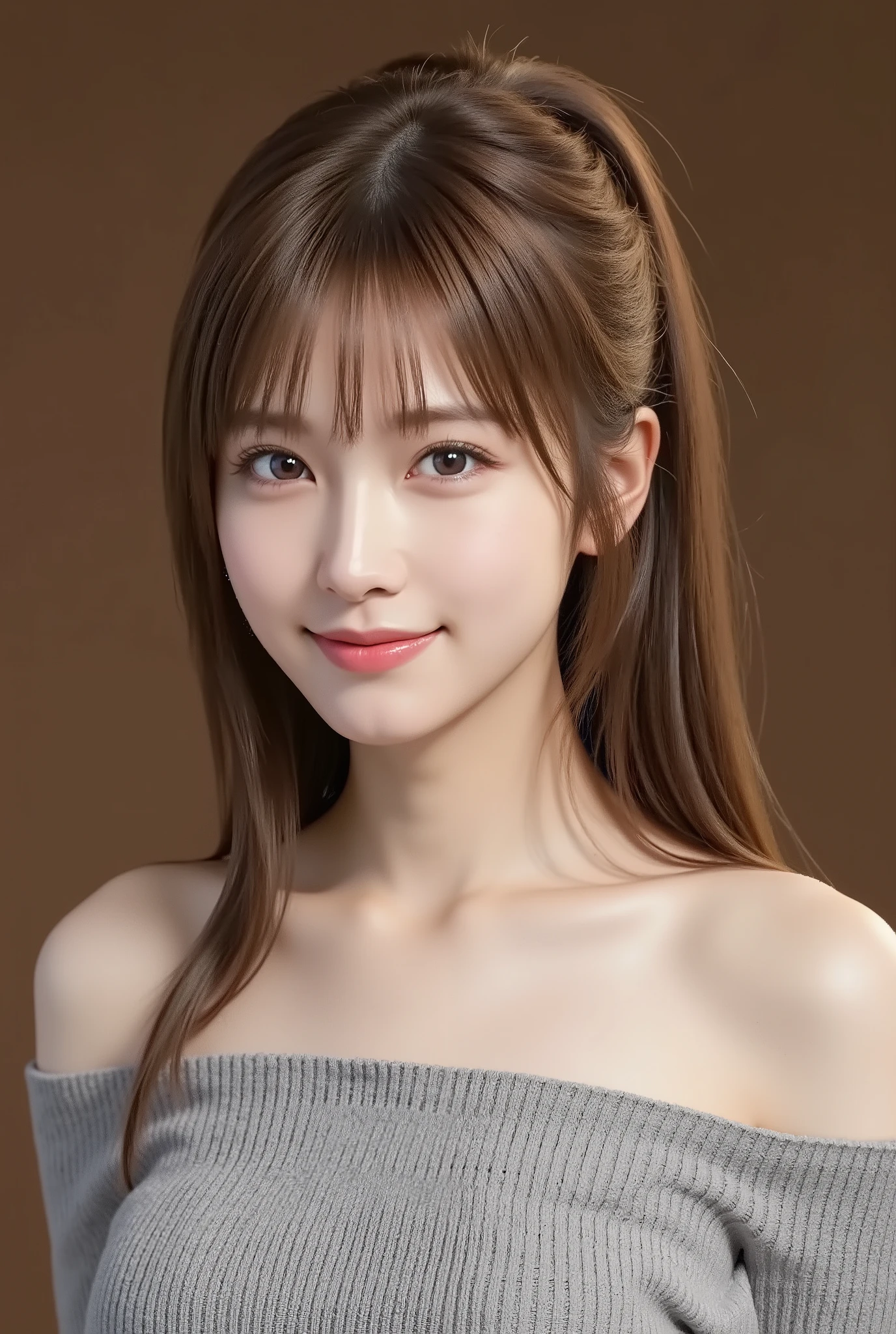 1girl, ponytail, bungs, off shoulder, from front, full body, light smile