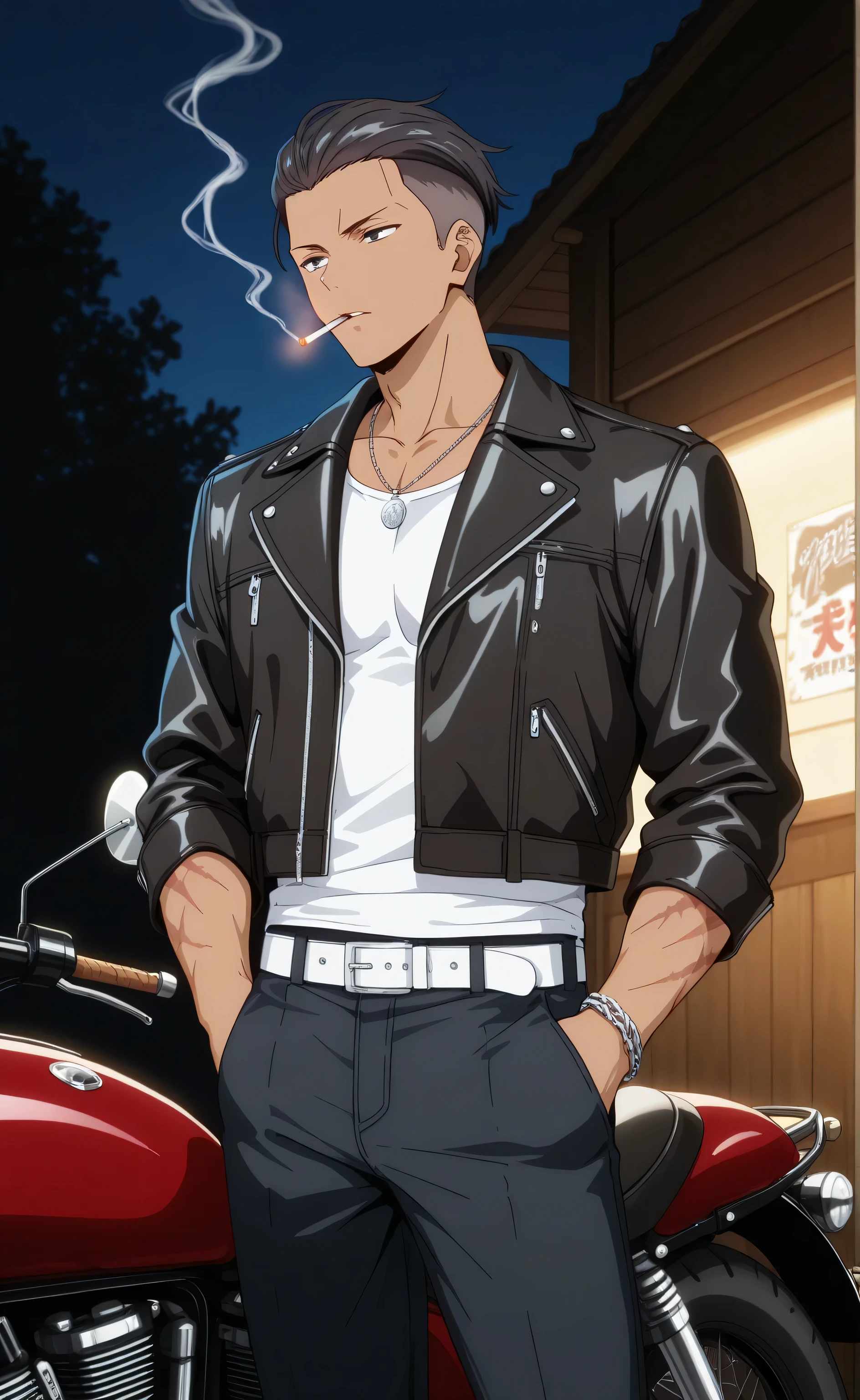 1male, solo, black hair, short hair, slicked-back hair, undercut hair, black eyes, tan skin, lazyface, black leather jacket, white toptank, black jeans, white belt, wrist chain, necklace, scar burned, thug, smoking, 1cigarettes, muscle, night, motorcycle garage, Tokidoki Bosotto Russia go De Dereru Tonari No Alya san Anime style