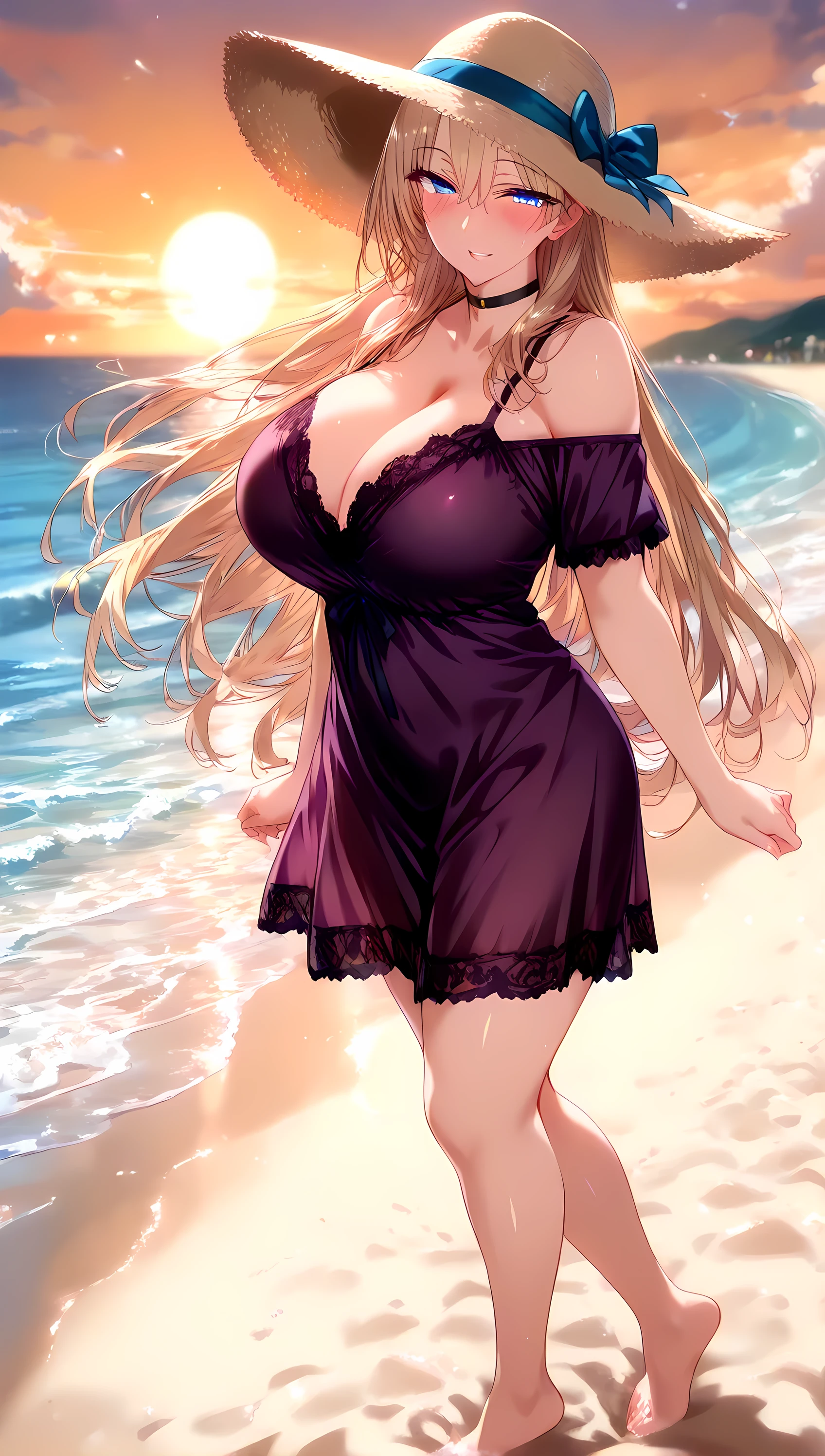 (masterpiece, best_quality:1.2), 1girl, solo, mature female, very long hair, blonde hair, blue eyes, (purple lace nightgown, off-shoulder short dress, black choker, sun hat), beautiful eyes, female focus, looking at viewer, smile, blush, proud, horny, collarbone, large breast, symmetrical body, ((solo)), detailed, very high resolution, no blurry image, (shot), beautiful, suspicious, sexy, lewd, cheating, intricate details, detailed background, outdoors:1.3, attractive body, Full body, View from side, Bare foot,(perfect hands, perfect fingers, perfect number of hands and legs, Perfect length body, Perfect lips, Perfect eyes, Slender legs),(Sunset, Side of wave beach, Walking on beach, Blew in the wind)