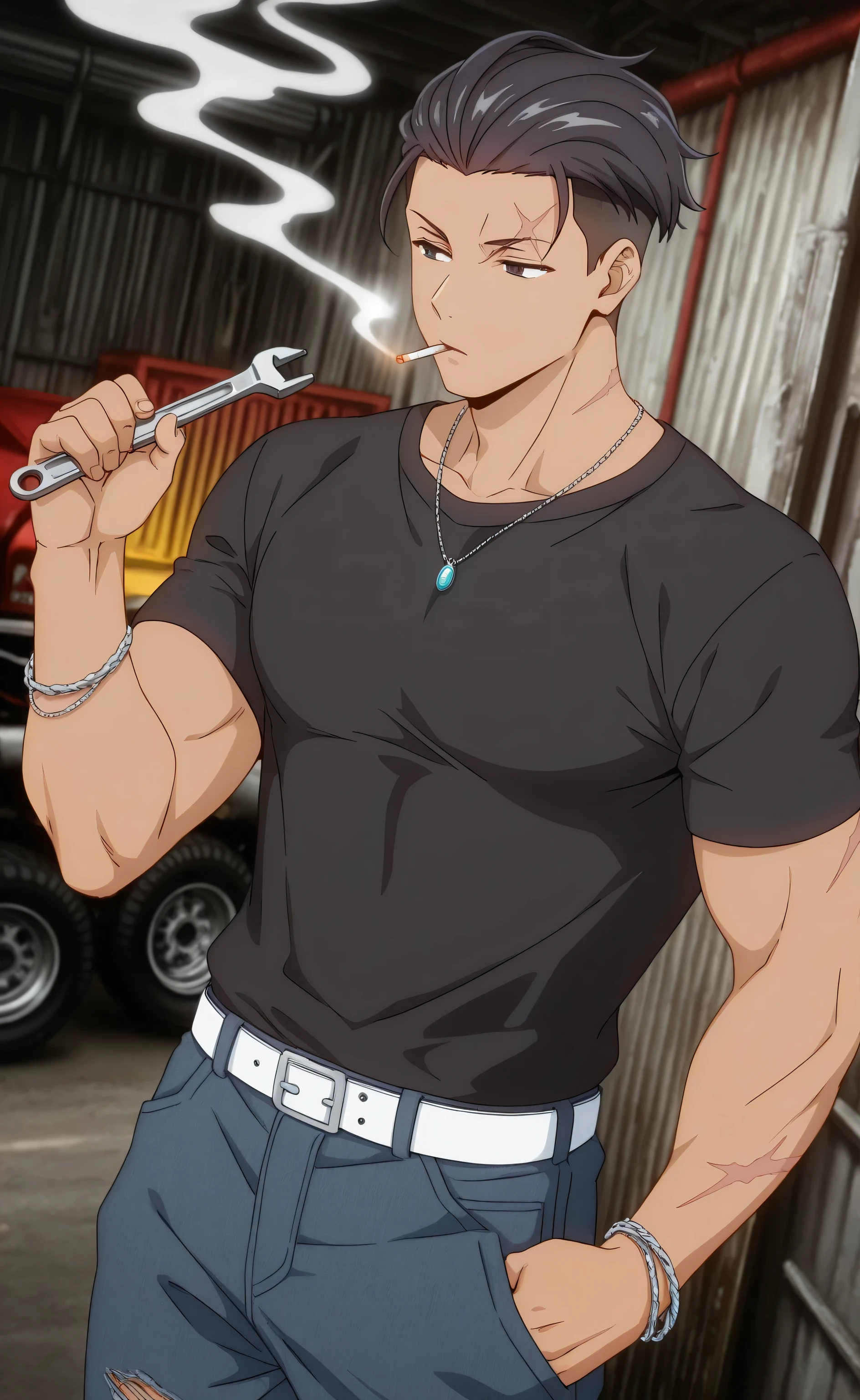 1male, solo, black hair, short hair, slicked-back hair, undercut hair, black eyes, tan skin, lazyface, black toptank, baggy jeans, white belt, wrist chain, necklace, scar-burned, thug, smoking, 1cigarettes, holding a wrench, muscle, garage, Tokidoki Bosotto Russia go De Dereru Tonari No Alya san Anime style
