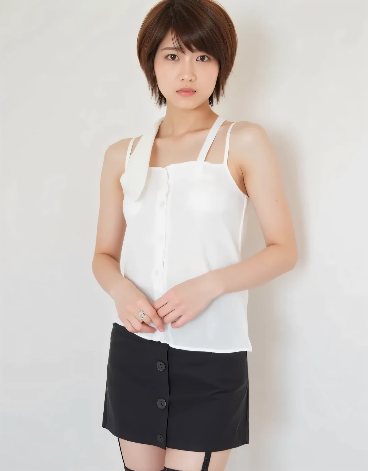 Generate an image of a Japanese woman in her 20s. The conditions are as follows: ((brown hair, short hair, hairstyle)), white sleeveless top, ultra-mini skirt, black garter stockings, ring on left ring finger, full body generated.
