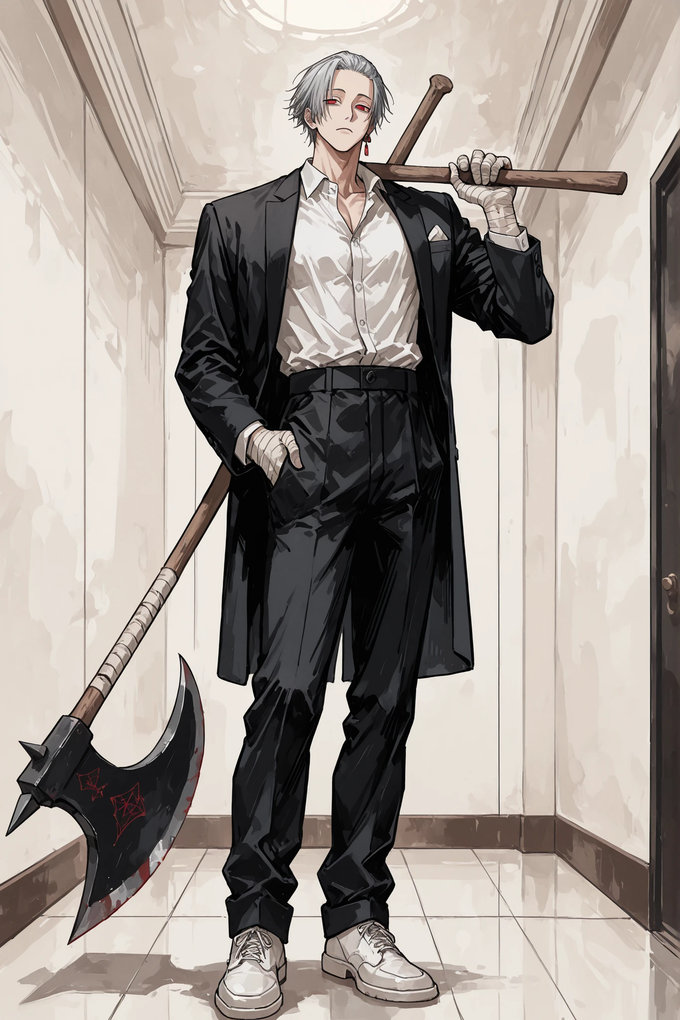 (masterpiece, best quality), amazing quality, very aesthetic, absurdres, highres, newest, HDR, 8K, high detail RAW color art, anime style, 1male, Gaku - Sakamoto Days, silver hair, short hair, slanted eyes, red eyes, one earring, ear piece, bandaged hands, forehead, muscular, sexy man, handsome, solo, luxurious, indoors. He's standing, giant 8'5 height, plain bored expression, wearing a baggy black tuxedo front-open suit, white shirt, long flowy black trousers, white shoes, holding a big oversized axe with one hand over one shoulder. Show full body from hair to shoes, SOLO, proper straight-middle view, white plain background, and super hyper-detailed.