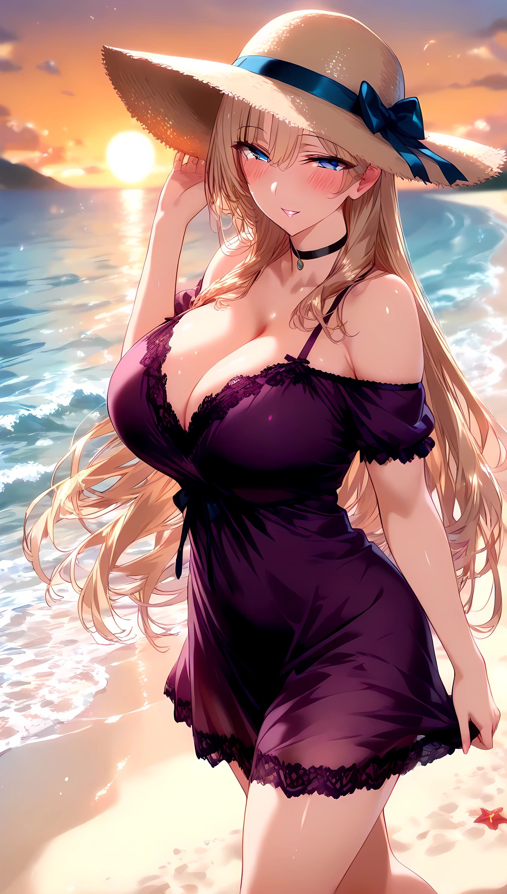 (masterpiece, best_quality:1.2), 1girl, solo, mature female, very long hair, blonde hair, blue eyes, (purple lace nightgown, off-shoulder short dress, black choker, sun hat), beautiful eyes, female focus, looking at viewer, smile, blush, proud, horny, collarbone, large breast, symmetrical body, ((solo)), detailed, very high resolution, no blurry image, (cowboy shot), beautiful, suspicious, sexy, lewd, cheating, intricate details, detailed background, outdoors:1.3, attractive body, Full body, View from side, Bare foot,(perfect hands, perfect fingers, perfect number of hands and legs, Perfect length body, Perfect lips, Perfect eyes, Slender legs),(Sunset, Side of wave beach, Walking on beach, Blew in the wind)