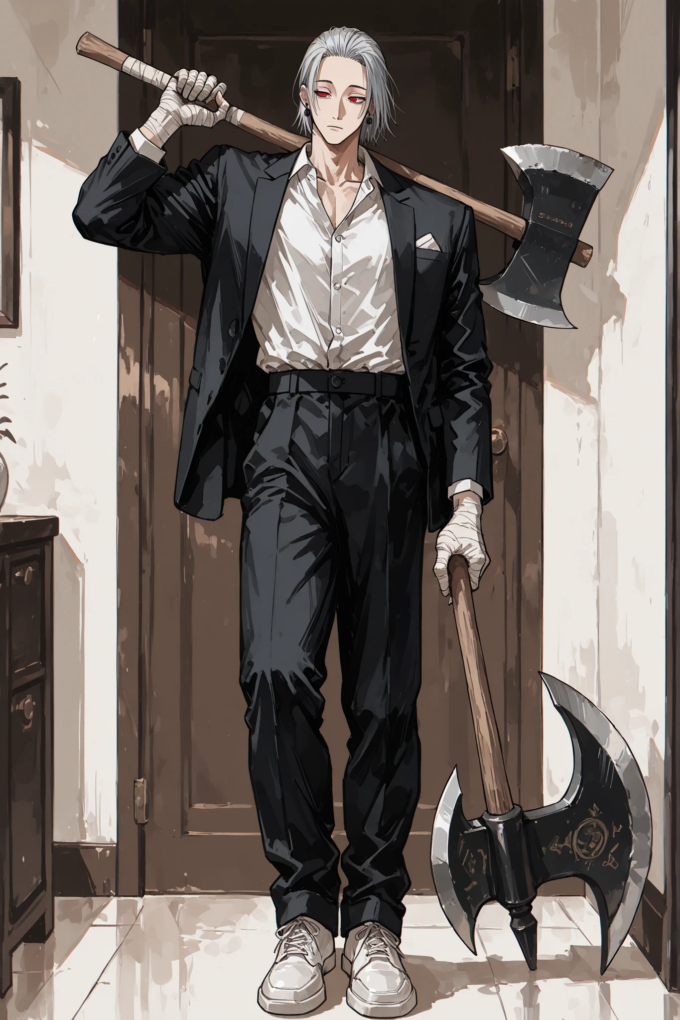 (masterpiece, best quality), amazing quality, very aesthetic, absurdres, highres, newest, HDR, 8K, high detail RAW color art, anime style, 1male, Gaku - Sakamoto Days, silver hair, short hair, slanted eyes, red eyes, one earring, ear piece, bandaged hands, forehead, muscular, sexy man, handsome, solo, luxurious, indoors. He's standing, giant 8'5 height, plain bored expression, wearing a baggy black tuxedo front-open suit, white shirt, long flowy black trousers, white shoes, holding a big oversized axe with one hand over one shoulder. Show full body from hair to shoes, SOLO, proper straight-middle view, white plain background, and super hyper-detailed.