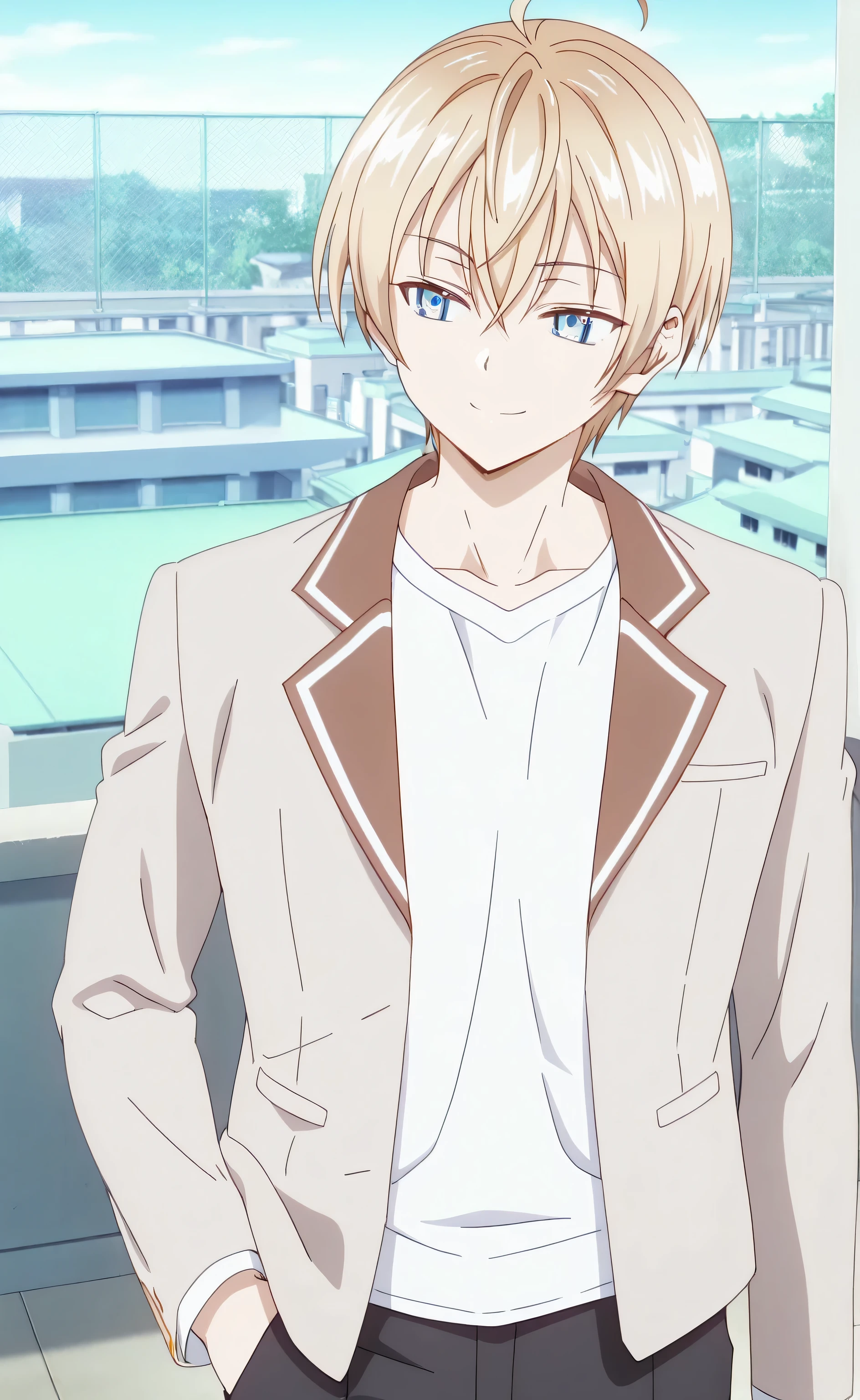 1male, solo, Yuuto Kiba, blond hair, short hair, blue eyes, smile, beige blazer, white t-shirt, black pants, muscle, hand in pocket, school, rooftop, Tokidoki Bosotto Russia go De Dereru Tonari No Alya san Anime style
